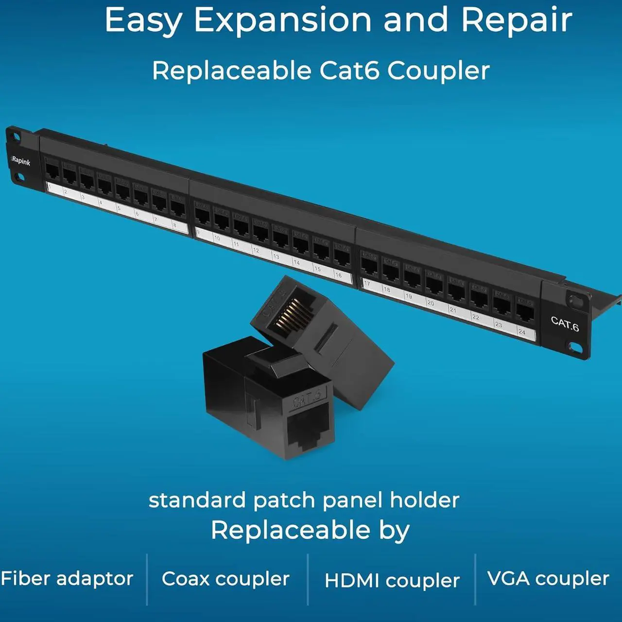 Alt view image 3 of 7 - Rapink Patch Panel 24 Port Cat6 with Inline Keystone 10G Support, Pass-Thru Coupler UTP 19-Inch with Removable Back Bar, 1U Network Patch Panel for Cat6, Cat5e, Cat5 Cabling