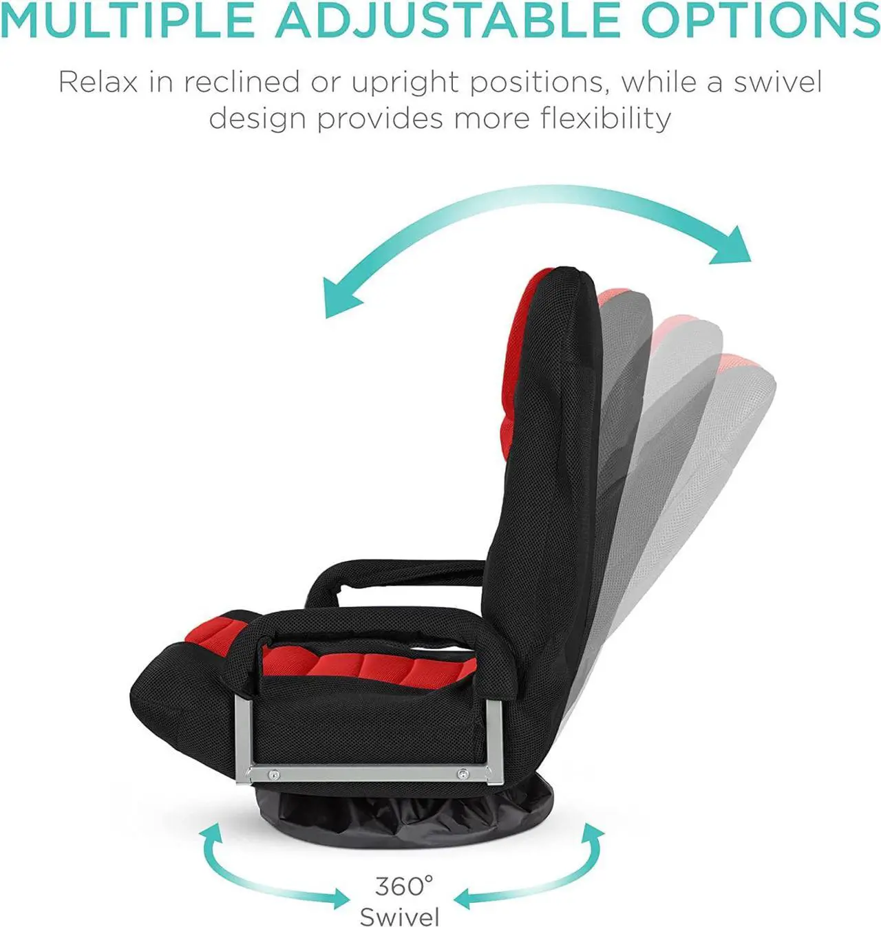 Alt view image 2 of 7 - Best Choice Products Swivel Gaming Chair 360 Degree Multipurpose Floor Chair Rocker for TV, Reading, Playing Video Games w/Lumbar Support, Armrest Handles, Adjustable Foldable Backrest - Black/Red