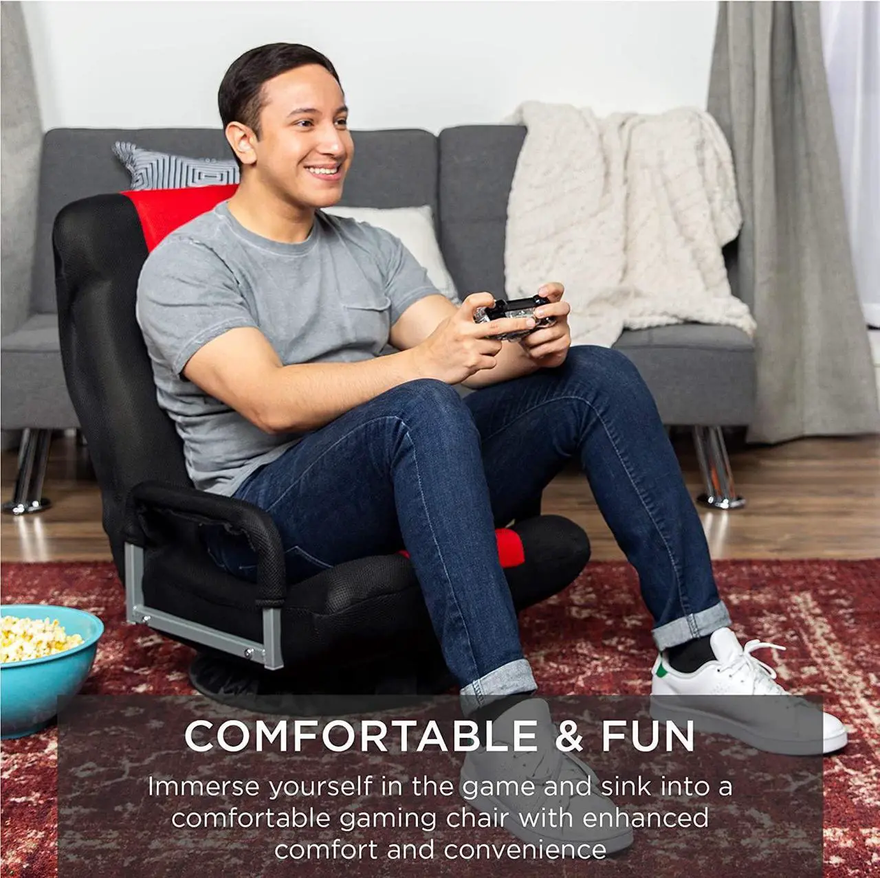 Alt view image 6 of 7 - Best Choice Products Swivel Gaming Chair 360 Degree Multipurpose Floor Chair Rocker for TV, Reading, Playing Video Games w/Lumbar Support, Armrest Handles, Adjustable Foldable Backrest - Black/Red