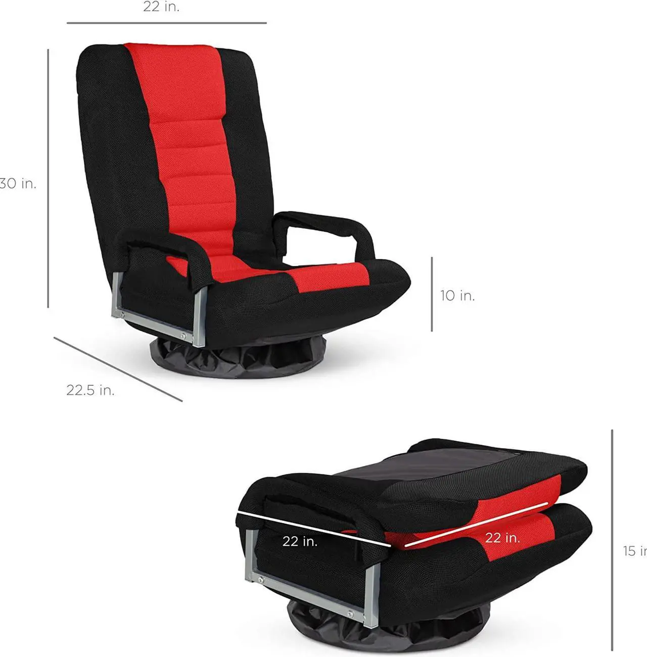 Alt view image 7 of 7 - Best Choice Products Swivel Gaming Chair 360 Degree Multipurpose Floor Chair Rocker for TV, Reading, Playing Video Games w/Lumbar Support, Armrest Handles, Adjustable Foldable Backrest - Black/Red
