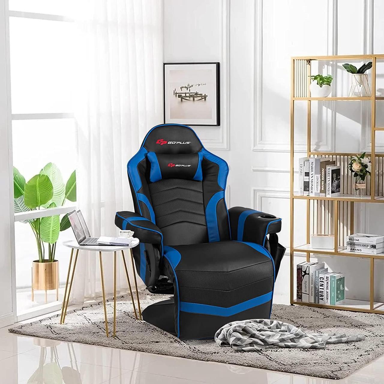 Alt view image 2 of 7 - POWERSTONE Gaming Recliner Massage Gaming Chair with Footrest Ergonomic PU Leather Single Sofa with Cup Holder Headrest and Side Pouch, Adjustable Living Room Chair Seating, Navy Blue