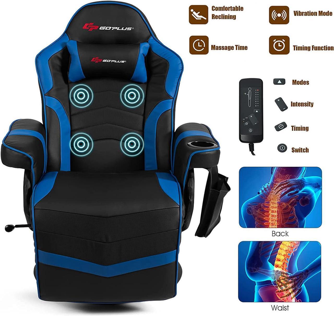 Alt view image 4 of 7 - POWERSTONE Gaming Recliner Massage Gaming Chair with Footrest Ergonomic PU Leather Single Sofa with Cup Holder Headrest and Side Pouch, Adjustable Living Room Chair Seating, Navy Blue