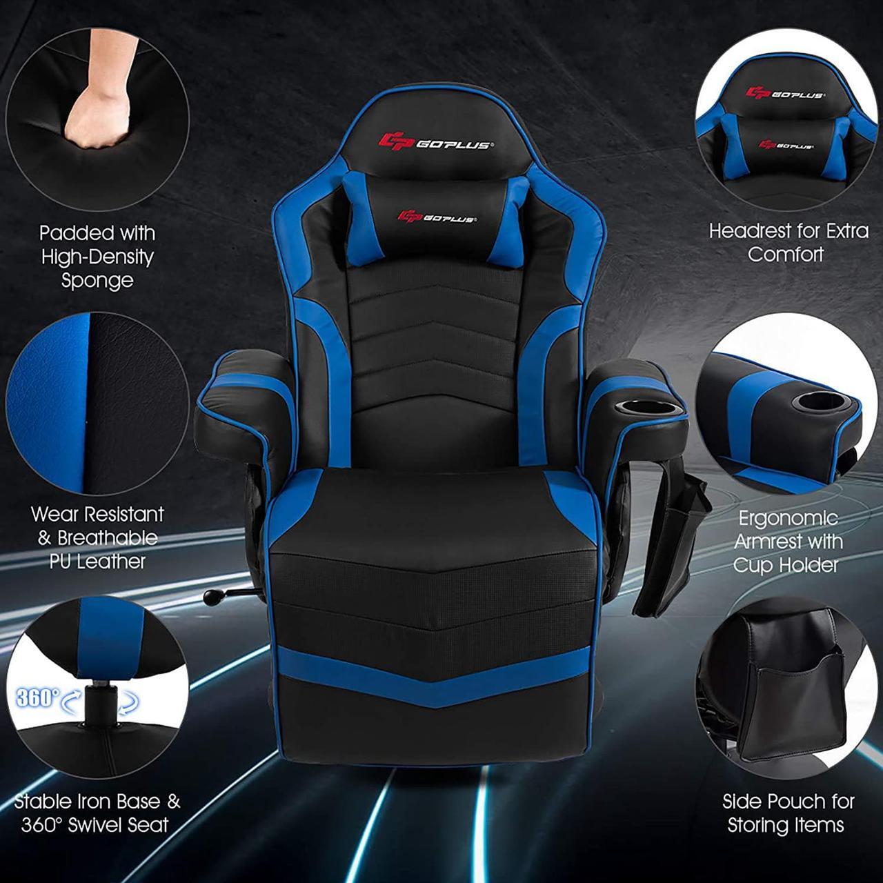 Alt view image 6 of 7 - POWERSTONE Gaming Recliner Massage Gaming Chair with Footrest Ergonomic PU Leather Single Sofa with Cup Holder Headrest and Side Pouch, Adjustable Living Room Chair Seating, Navy Blue