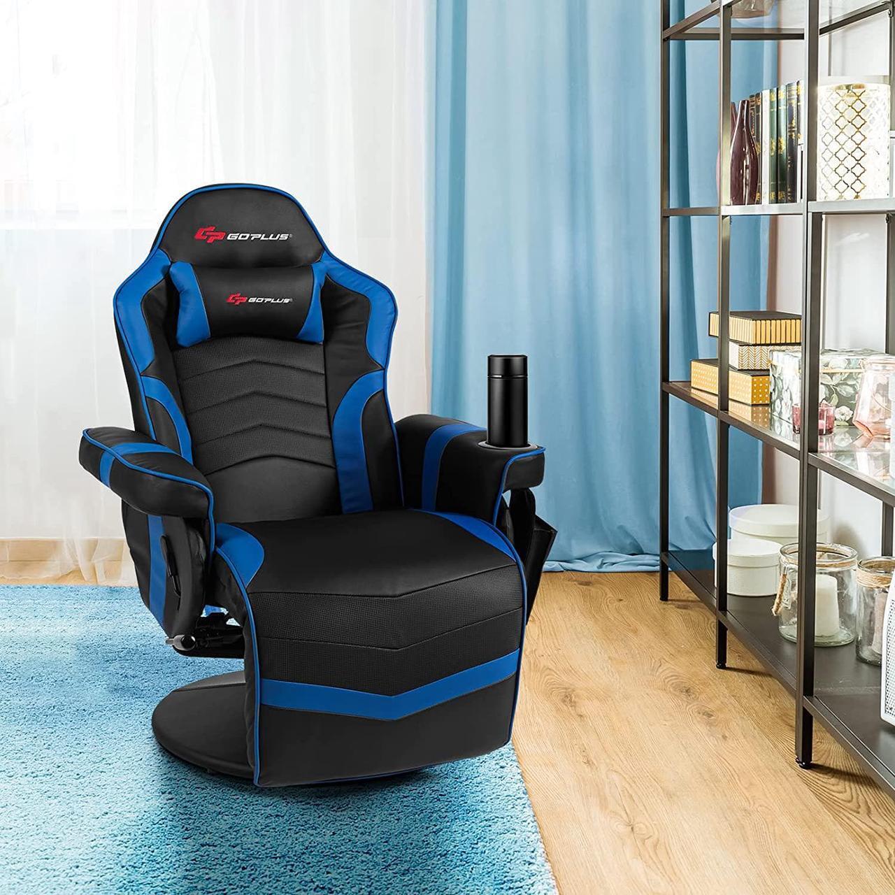 Alt view image 7 of 7 - POWERSTONE Gaming Recliner Massage Gaming Chair with Footrest Ergonomic PU Leather Single Sofa with Cup Holder Headrest and Side Pouch, Adjustable Living Room Chair Seating, Navy Blue