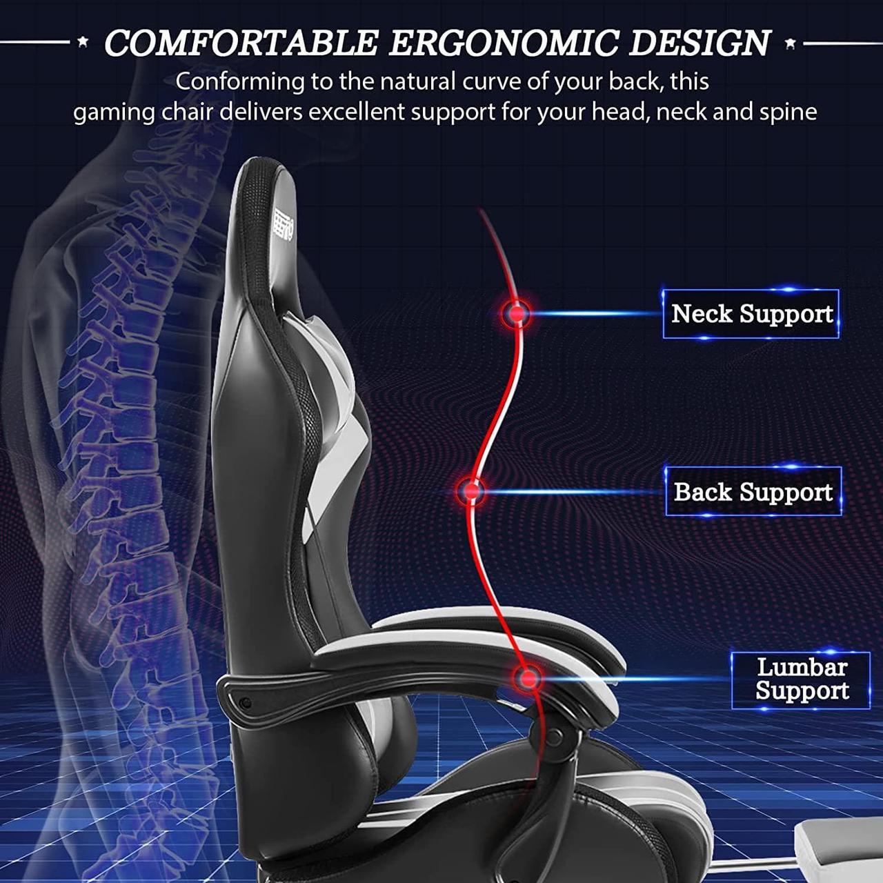 Alt view image 6 of 7 - RGB Gaming Chair with LED Lights and Massage Ergonomic Computer Chair High Back Video Game Chair with Footrest and Adjustable Lumbar Support Linkage Armrest White and Black