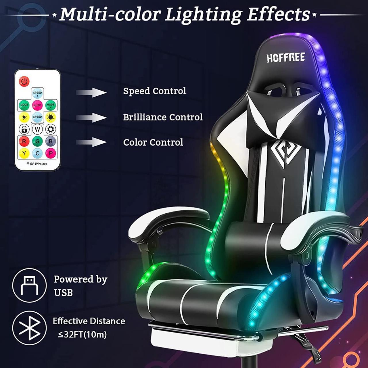 Alt view image 4 of 7 - RGB Gaming Chair with LED Lights and Massage Ergonomic Computer Chair High Back Video Game Chair with Footrest and Adjustable Lumbar Support Linkage Armrest White and Black