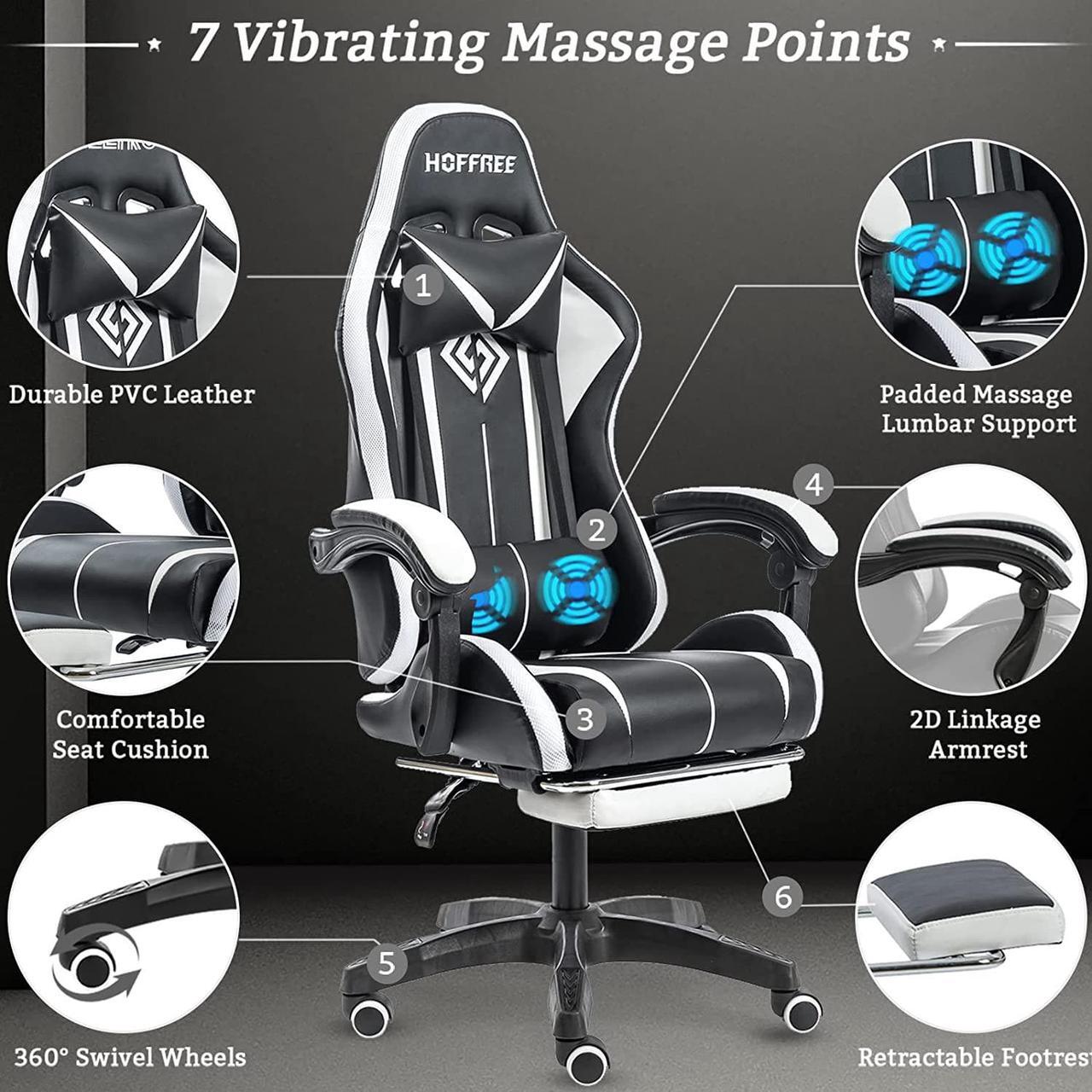 Alt view image 5 of 7 - RGB Gaming Chair with LED Lights and Massage Ergonomic Computer Chair High Back Video Game Chair with Footrest and Adjustable Lumbar Support Linkage Armrest White and Black
