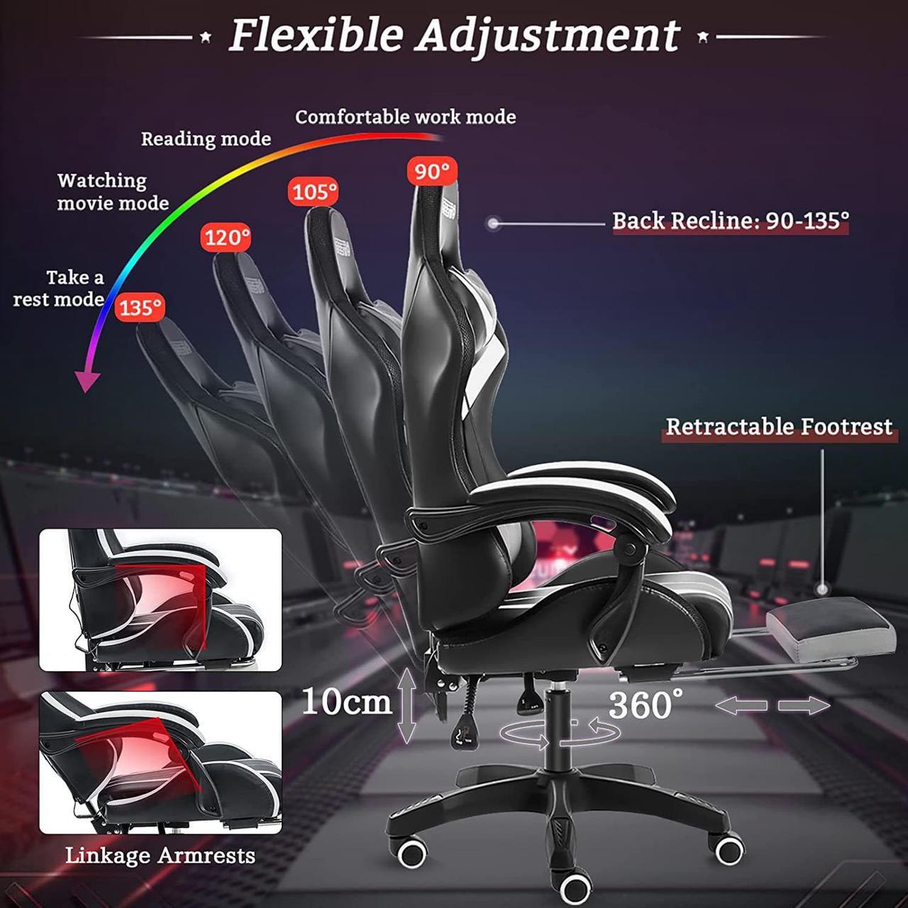 Alt view image 7 of 7 - RGB Gaming Chair with LED Lights and Massage Ergonomic Computer Chair High Back Video Game Chair with Footrest and Adjustable Lumbar Support Linkage Armrest White and Black