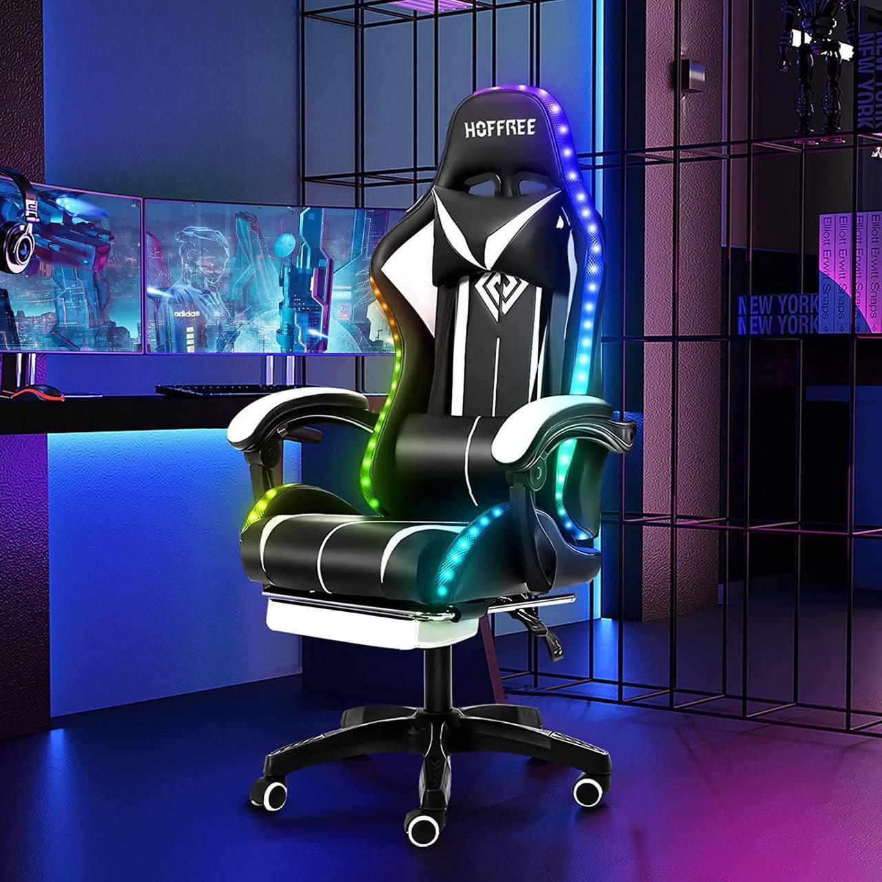 Alt view image 2 of 7 - RGB Gaming Chair with LED Lights and Massage Ergonomic Computer Chair High Back Video Game Chair with Footrest and Adjustable Lumbar Support Linkage Armrest White and Black