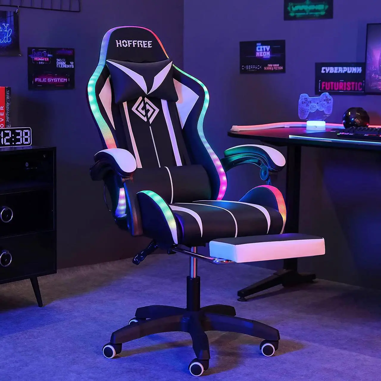 Alt view image 7 of 7 - RGB Gaming Chair with LED Lights and Massage Ergonomic Computer Chair High Back Video Game Chair with Footrest and Adjustable Lumbar Support Linkage Armrest White and Black