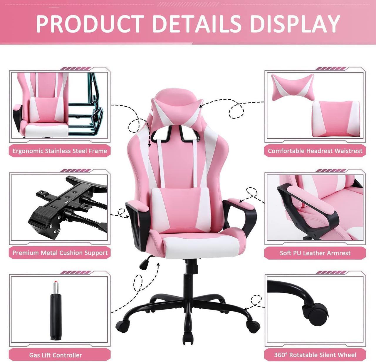 Alt view image 4 of 7 - Gaming Chair High Back Ergonomic Leather Office Chair Adjustable Swivel Desk Chair Reclining Racing PC Computer Chair with Lumbar Support and Headrest for Back Pain Adults TeensPink