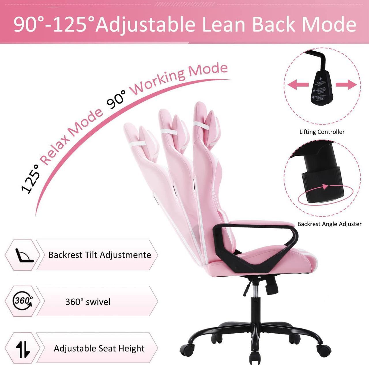 Alt view image 5 of 7 - Gaming Chair High Back Ergonomic Leather Office Chair Adjustable Swivel Desk Chair Reclining Racing PC Computer Chair with Lumbar Support and Headrest for Back Pain Adults TeensPink