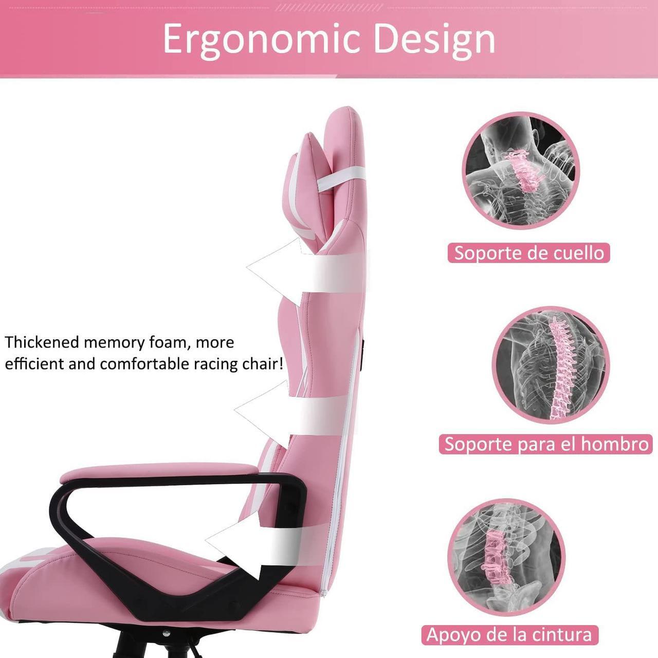 Alt view image 6 of 7 - Gaming Chair High Back Ergonomic Leather Office Chair Adjustable Swivel Desk Chair Reclining Racing PC Computer Chair with Lumbar Support and Headrest for Back Pain Adults TeensPink