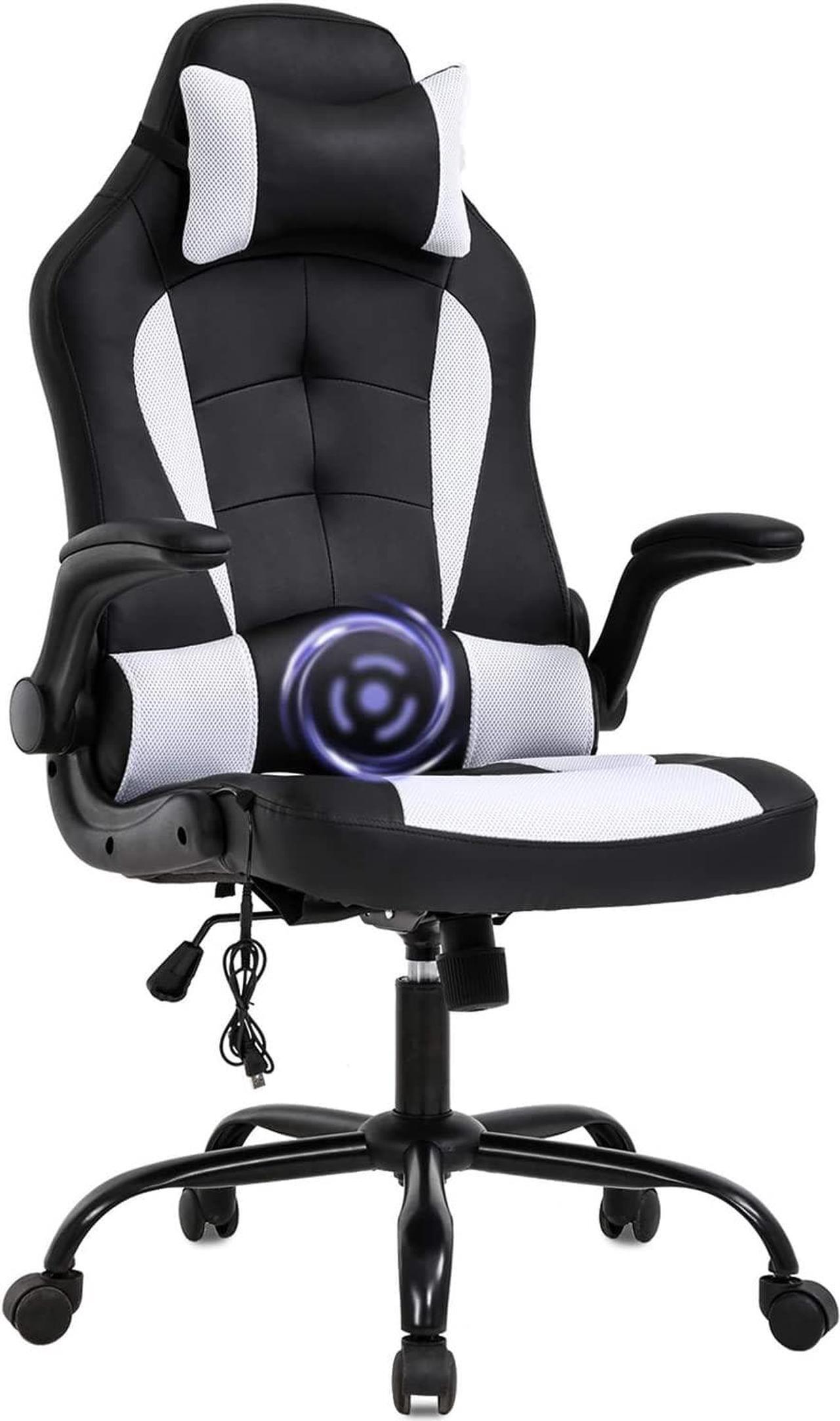 Main image of PC Gaming Chair Massage Office Chair Ergonomic Desk Chair Racing Executive PU Leather Computer Chair with Lumbar Support Headrest Armrest Task Rolling Swivel Chair for Women Adults, White