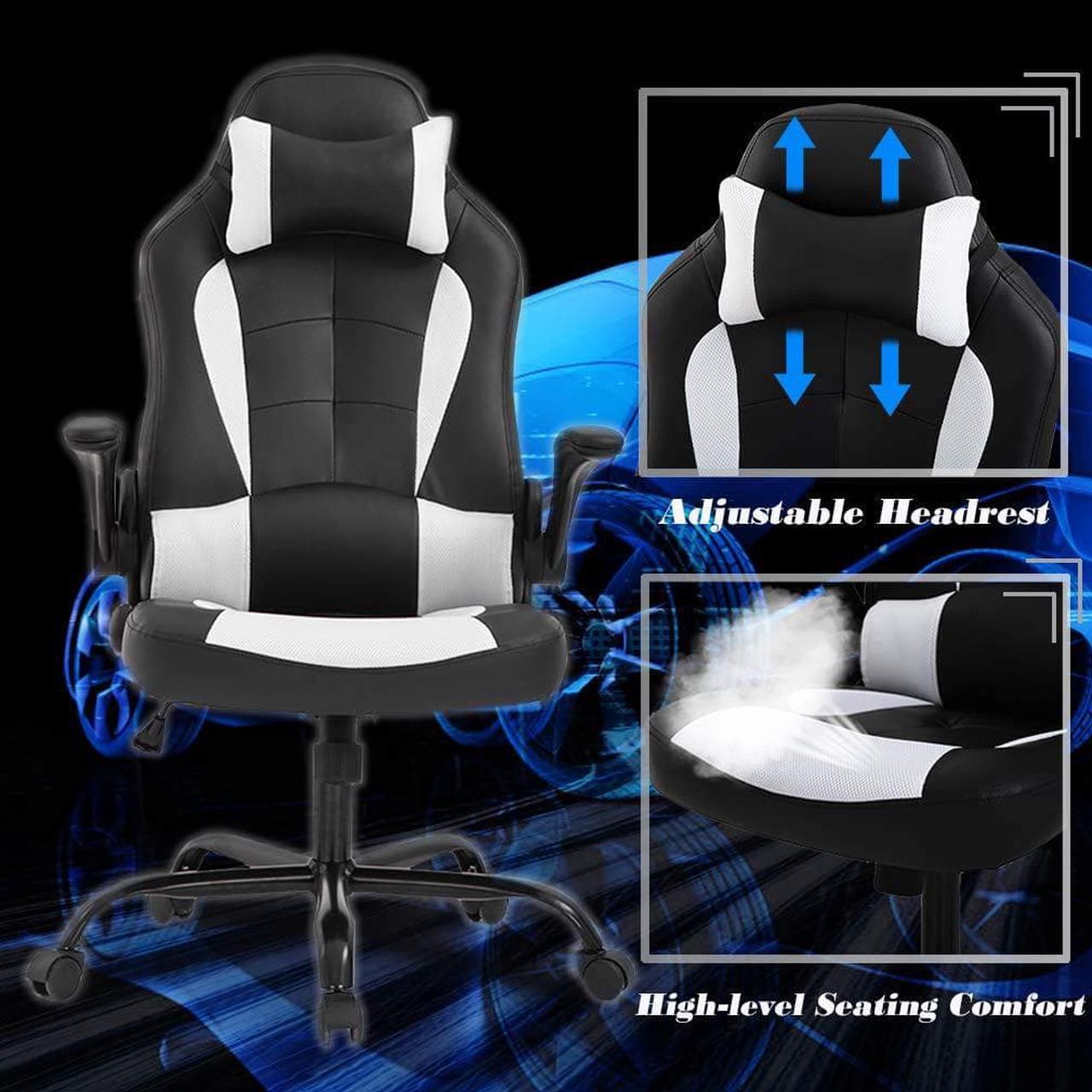 Alt view image 5 of 7 - PC Gaming Chair Massage Office Chair Ergonomic Desk Chair Racing Executive PU Leather Computer Chair with Lumbar Support Headrest Armrest Task Rolling Swivel Chair for Women Adults, White