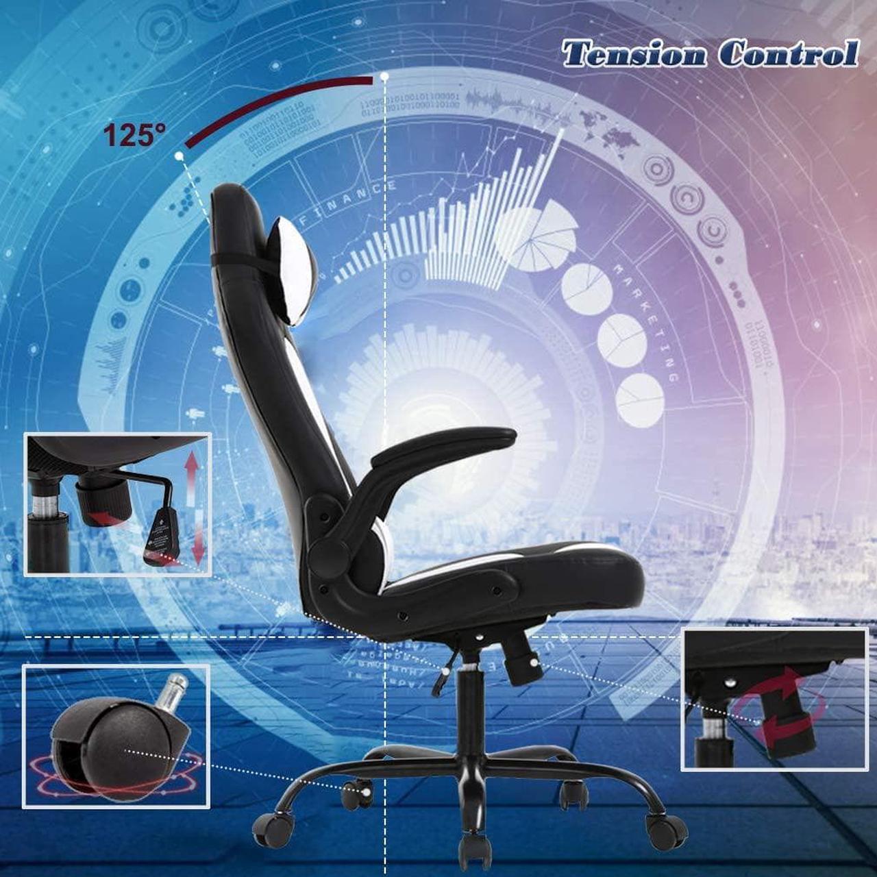 Alt view image 6 of 7 - PC Gaming Chair Massage Office Chair Ergonomic Desk Chair Racing Executive PU Leather Computer Chair with Lumbar Support Headrest Armrest Task Rolling Swivel Chair for Women Adults, White