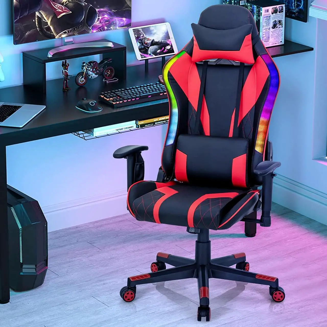 Alt view image 2 of 7 - Giantex Gaming Chair with RGB LED Lights, Ergonomic Video Game Chair, High Back PVC Leather E-Sport Computer Chair Adjustable w/Headrest & Lumbar Support (Red)