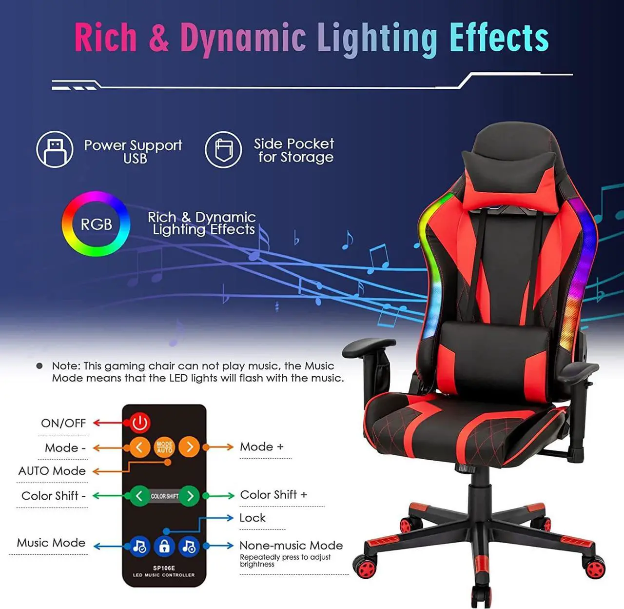 Alt view image 3 of 7 - Giantex Gaming Chair with RGB LED Lights, Ergonomic Video Game Chair, High Back PVC Leather E-Sport Computer Chair Adjustable w/Headrest & Lumbar Support (Red)