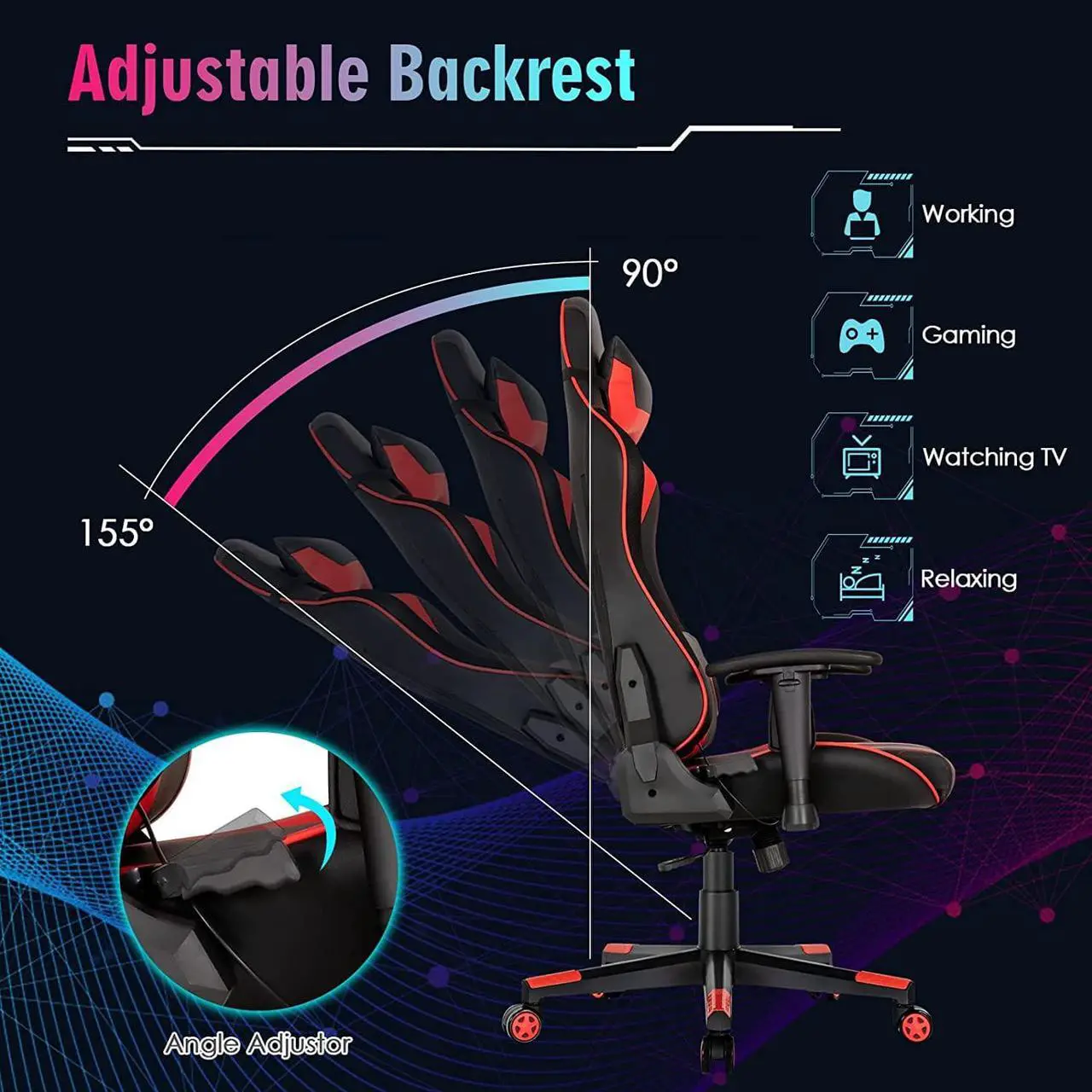 Alt view image 4 of 7 - Giantex Gaming Chair with RGB LED Lights, Ergonomic Video Game Chair, High Back PVC Leather E-Sport Computer Chair Adjustable w/Headrest & Lumbar Support (Red)