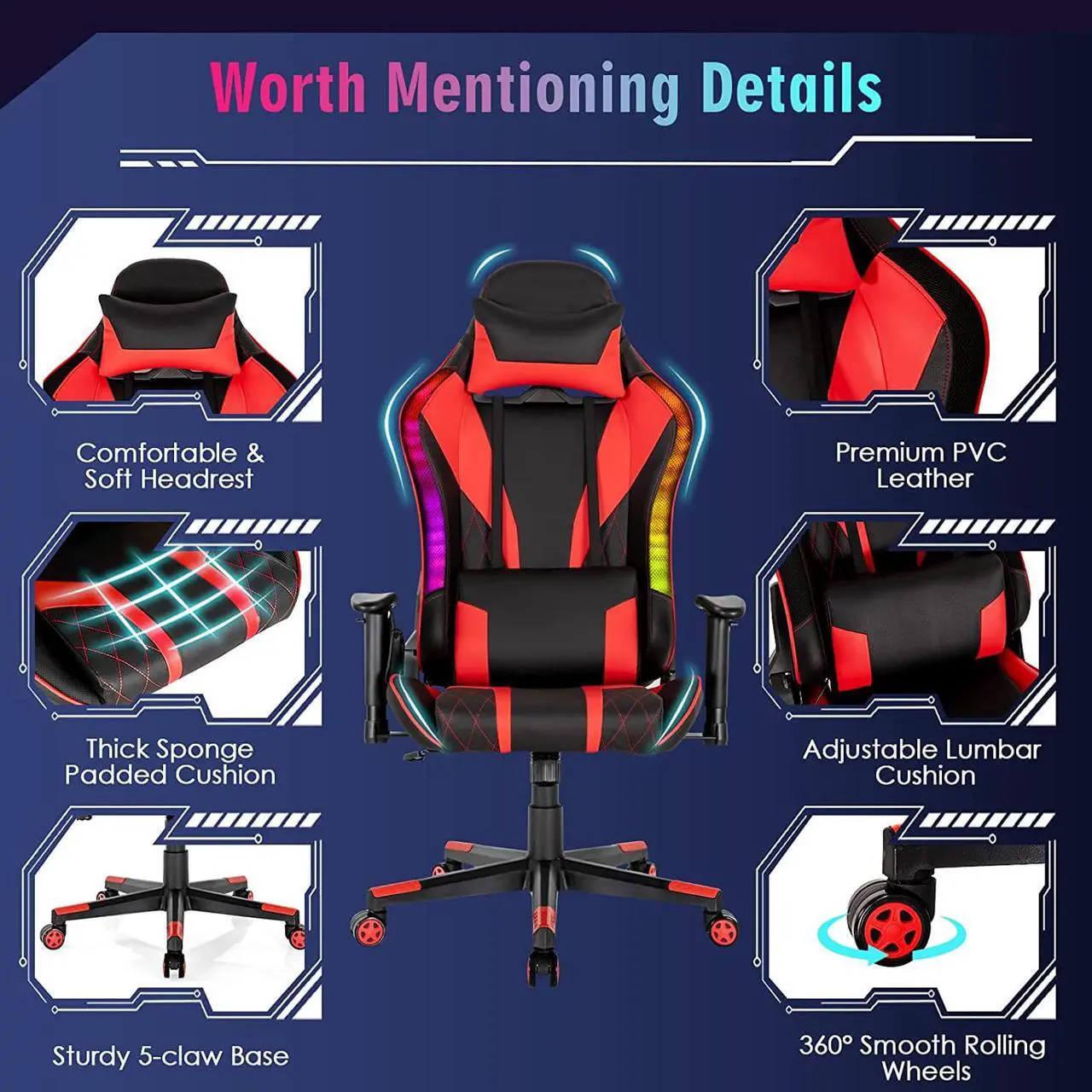 Alt view image 5 of 7 - Giantex Gaming Chair with RGB LED Lights, Ergonomic Video Game Chair, High Back PVC Leather E-Sport Computer Chair Adjustable w/Headrest & Lumbar Support (Red)