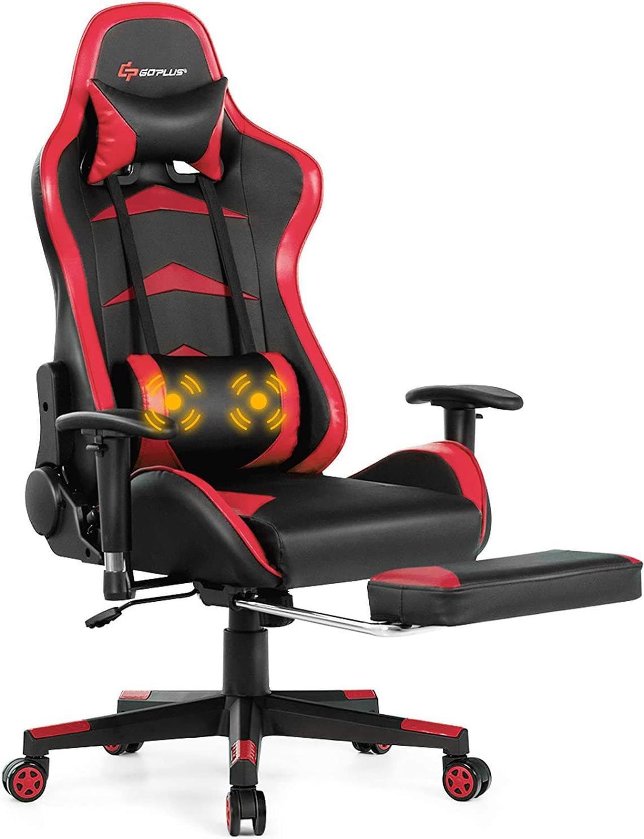 Main image of Goplus Massage Gaming Chair, Reclining Backrest, Handrails and Seat Height Adjustment Racing Computer Office Chair, High Back Ergonomic PU Leather Swivel PC Game Chair with Footrest (Red)