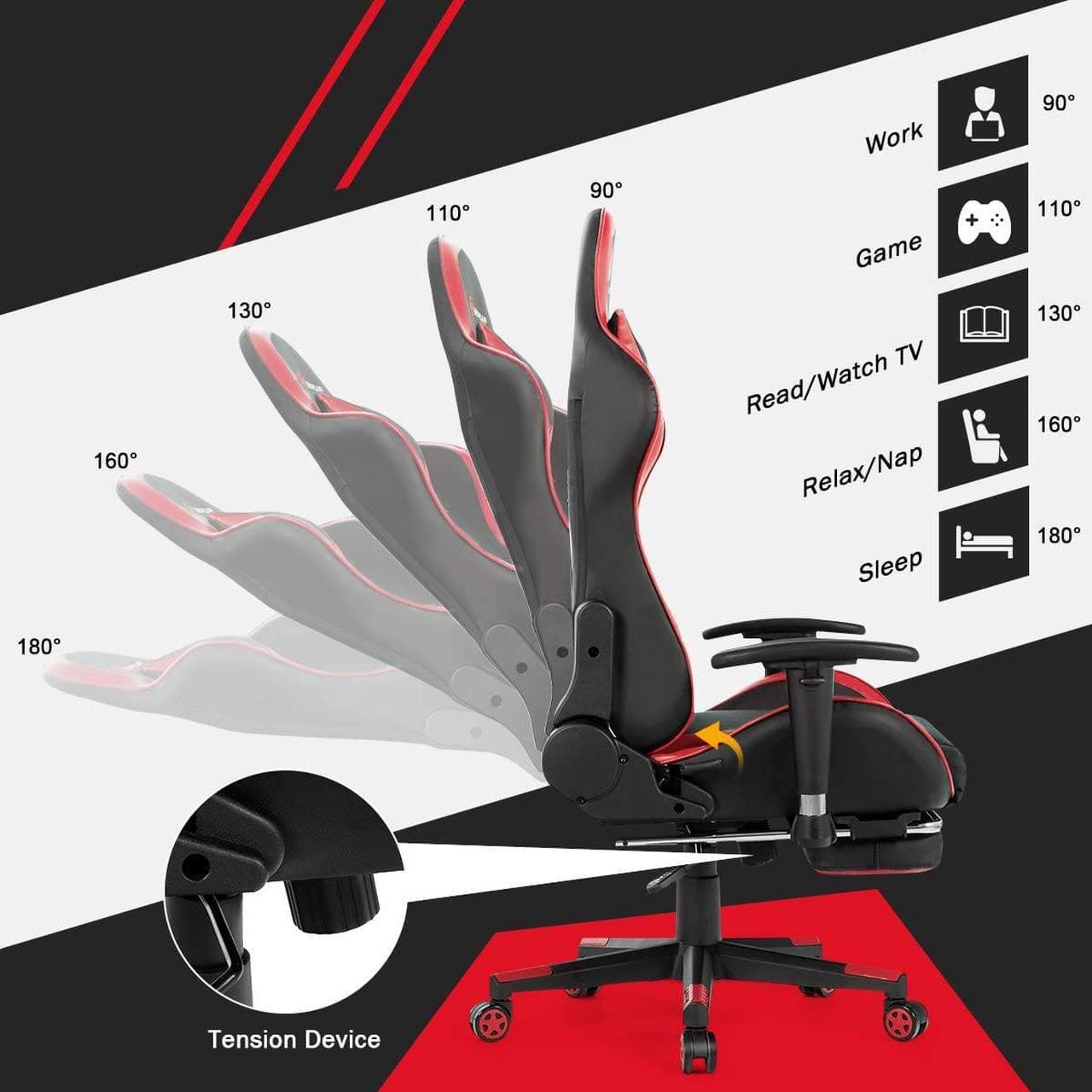 Alt view image 4 of 7 - Goplus Massage Gaming Chair, Reclining Backrest, Handrails and Seat Height Adjustment Racing Computer Office Chair, High Back Ergonomic PU Leather Swivel PC Game Chair with Footrest (Red)