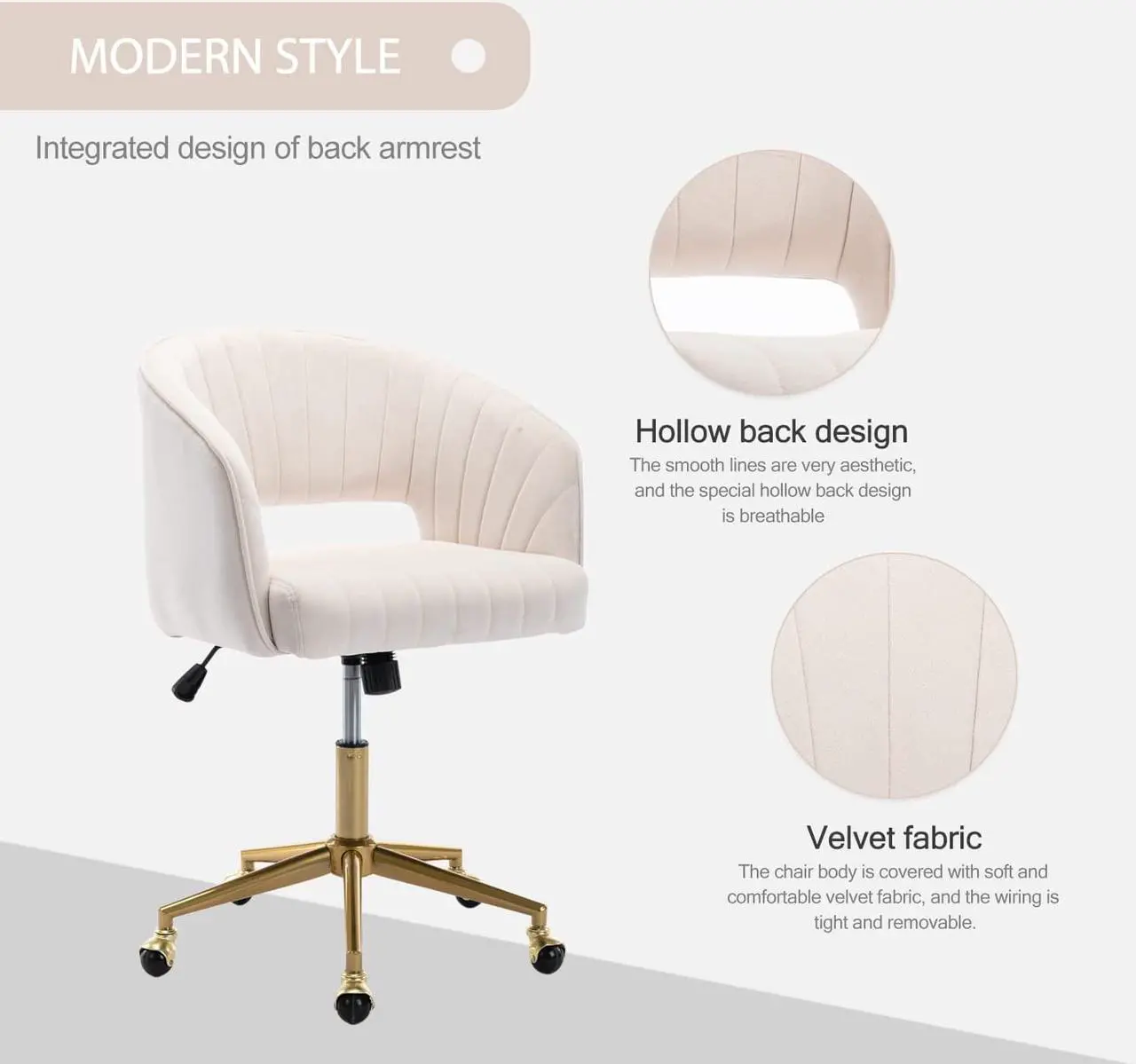 Alt view image 2 of 7 - Nrizc Velvet Office Desk Chair, Upholstered Home Office Desk Chairs with Adjustable Swivel Wheels, Ergonomic Office Chair for Living Room, Bedroom, Office, Vanity Study (Beige)