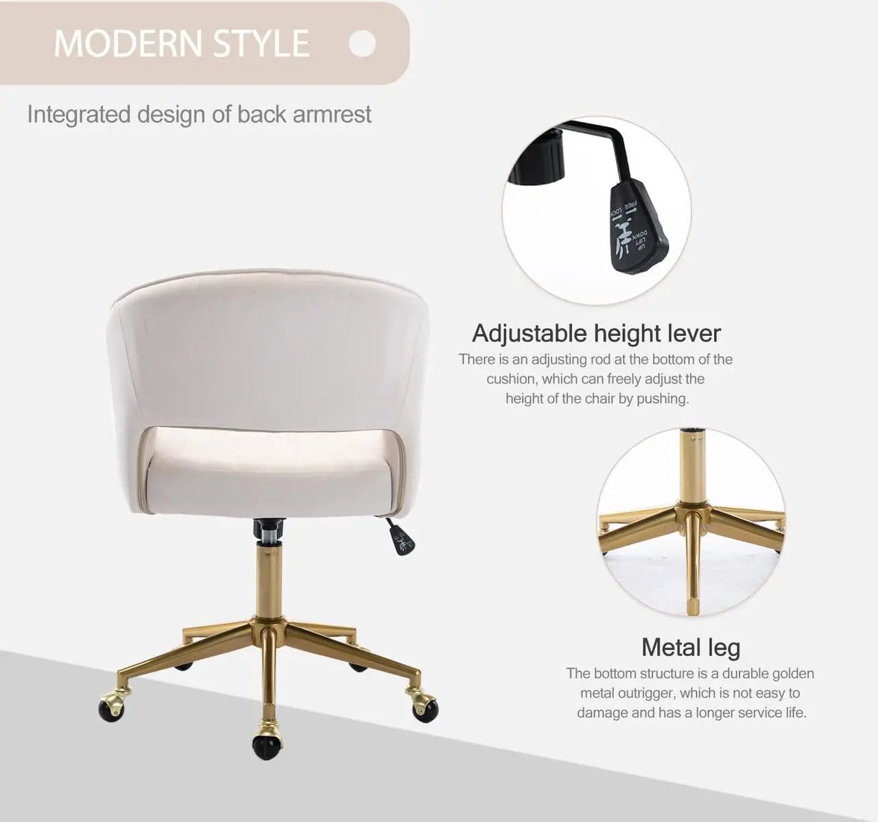 Alt view image 3 of 7 - Nrizc Velvet Office Desk Chair, Upholstered Home Office Desk Chairs with Adjustable Swivel Wheels, Ergonomic Office Chair for Living Room, Bedroom, Office, Vanity Study (Beige)