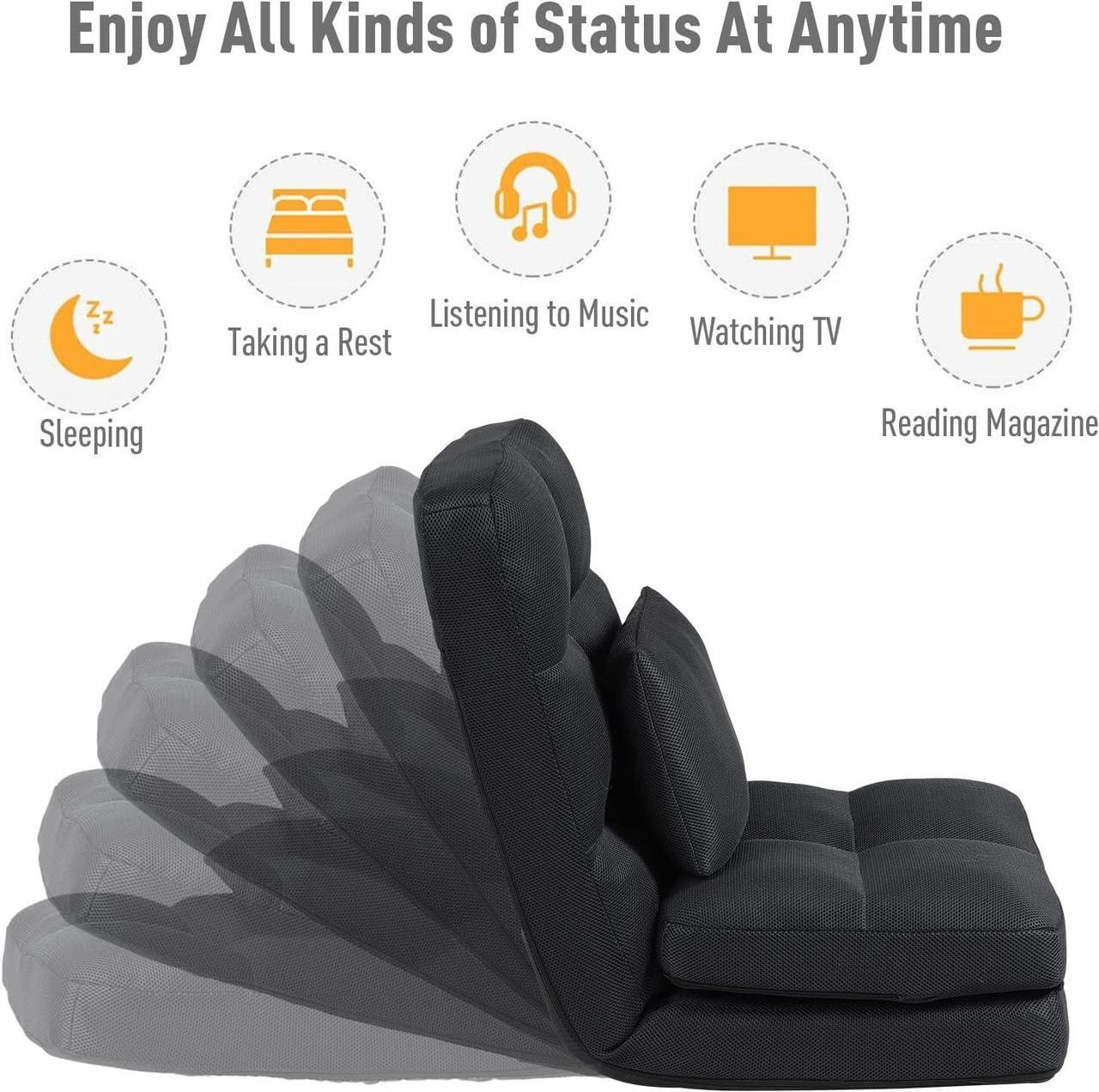 Alt view image 4 of 7 - Floor Chair with Back Support for Adults Adjustable 14 Positions Video Game Chairs Foldable Floor Lounger with Pillow 8823(Black)