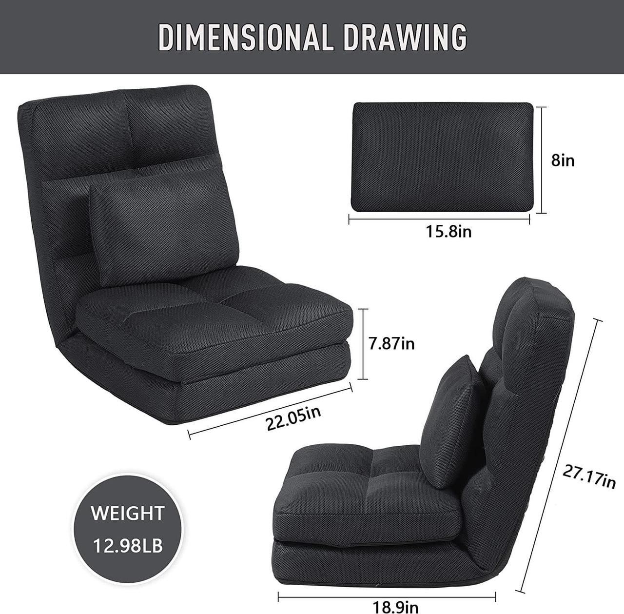 Alt view image 3 of 7 - Floor Chair with Back Support for Adults Adjustable 14 Positions Video Game Chairs Foldable Floor Lounger with Pillow 8823(Black)