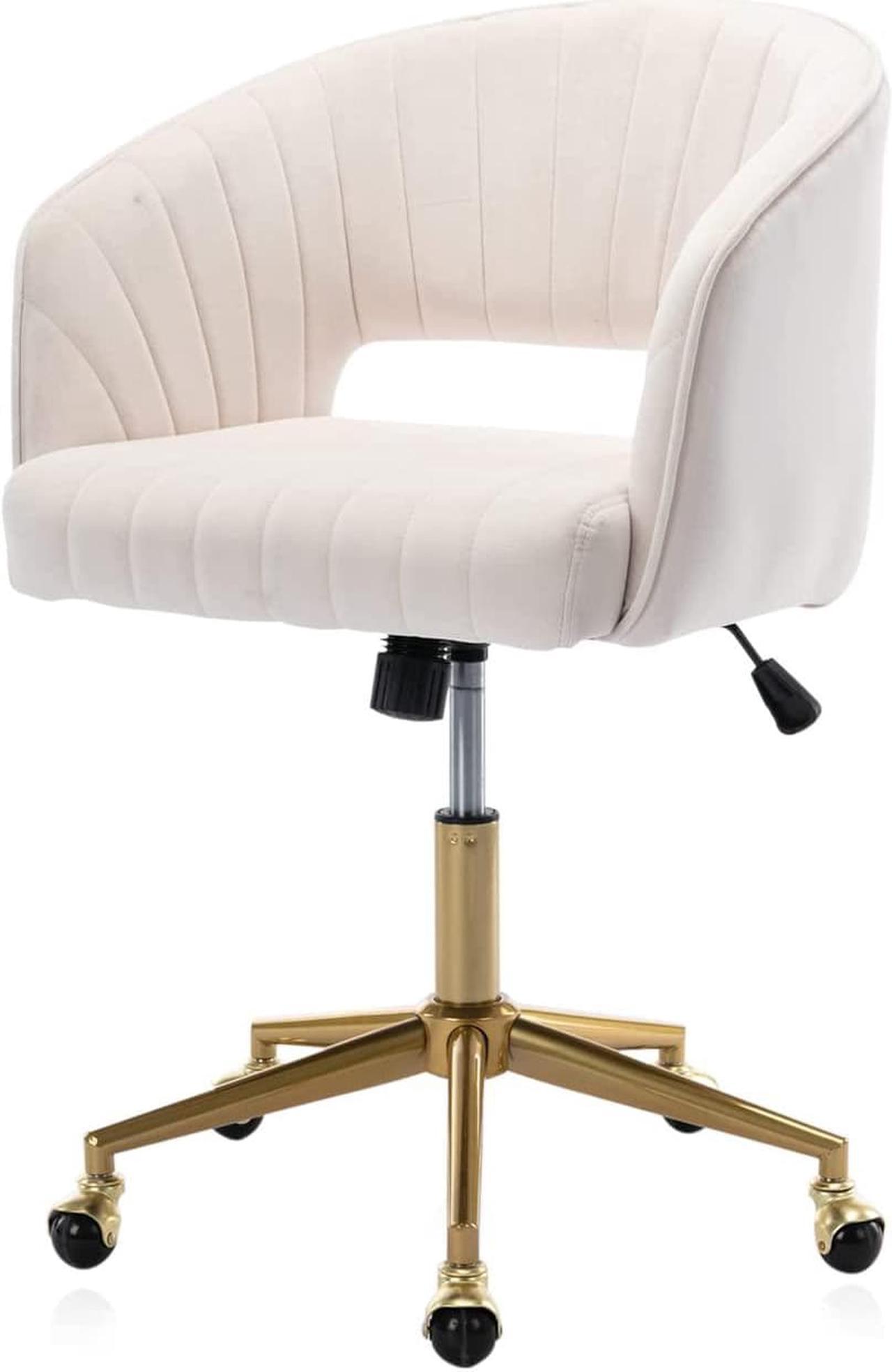 Main image of Velvet Home Office Chair, Modern Swivel Desk Chair with Gold Base, Round Solid Wheel, Adjustable Vanity Chair for Study, Living Room, Bedroom (Beige)