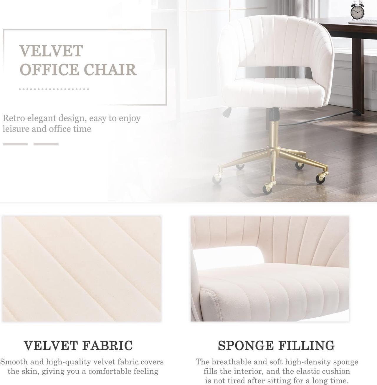 Alt view image 3 of 7 - Velvet Home Office Chair, Modern Swivel Desk Chair with Gold Base, Round Solid Wheel, Adjustable Vanity Chair for Study, Living Room, Bedroom (Beige)