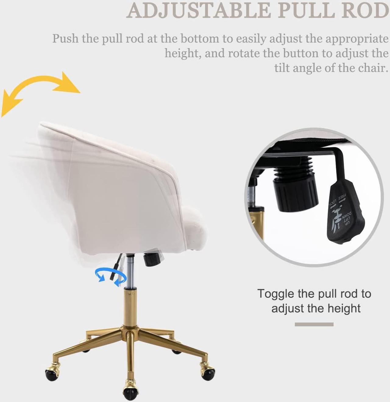 Alt view image 5 of 7 - Velvet Home Office Chair, Modern Swivel Desk Chair with Gold Base, Round Solid Wheel, Adjustable Vanity Chair for Study, Living Room, Bedroom (Beige)