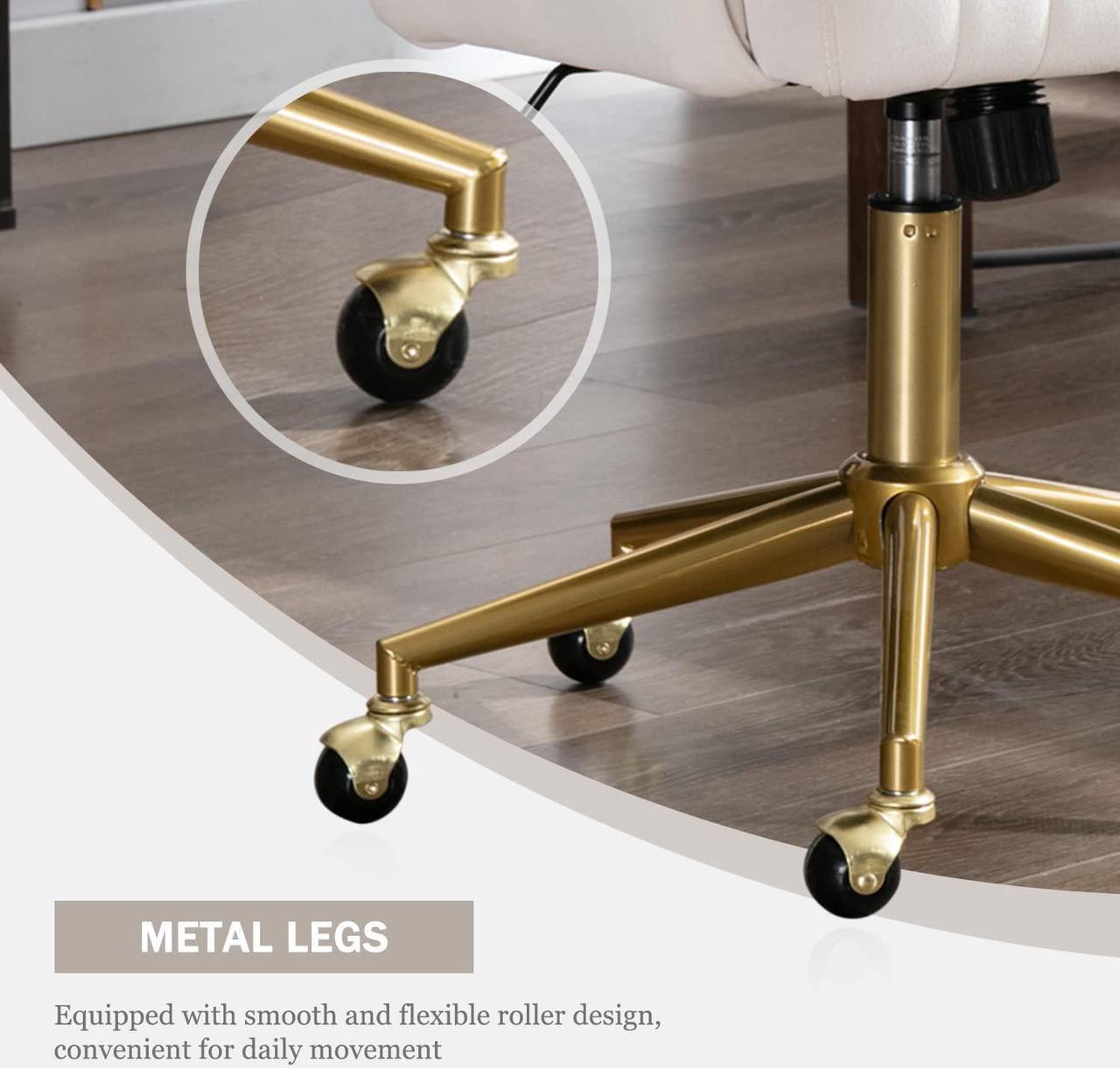 Alt view image 6 of 7 - Velvet Home Office Chair, Modern Swivel Desk Chair with Gold Base, Round Solid Wheel, Adjustable Vanity Chair for Study, Living Room, Bedroom (Beige)