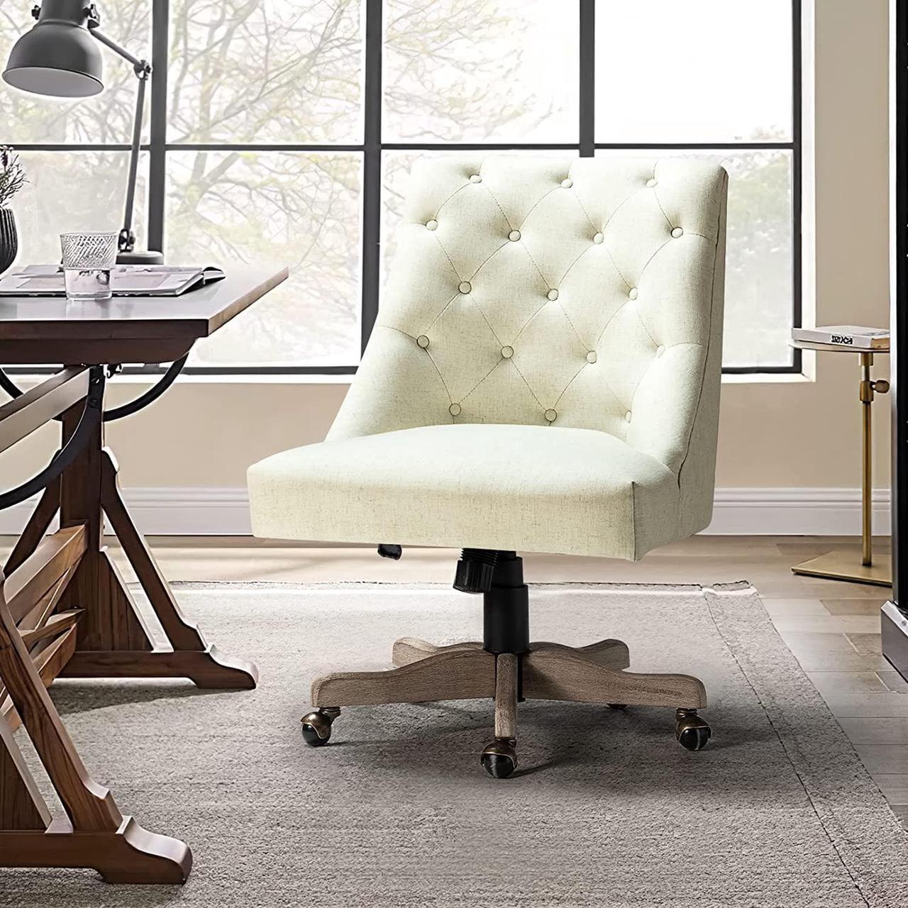Main image of Modern Tufted Armless Home Office Chair, Comfy Upholstered Desk Chair with Mid-Back, Height Adjustable Swivel Computer Task Chair (Vintage Wood Base, Ivory)
