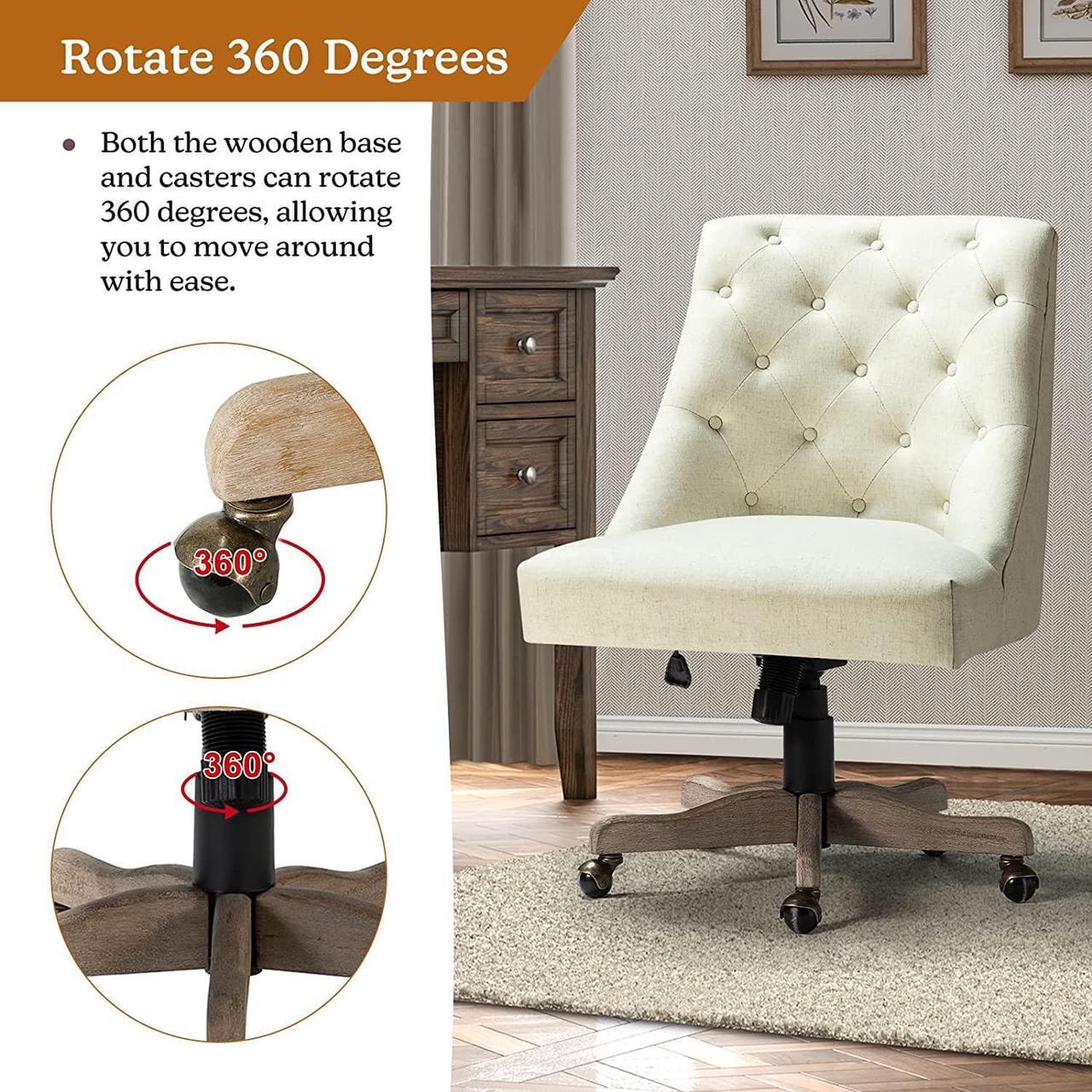 Alt view image 5 of 6 - Modern Tufted Armless Home Office Chair, Comfy Upholstered Desk Chair with Mid-Back, Height Adjustable Swivel Computer Task Chair (Vintage Wood Base, Ivory)