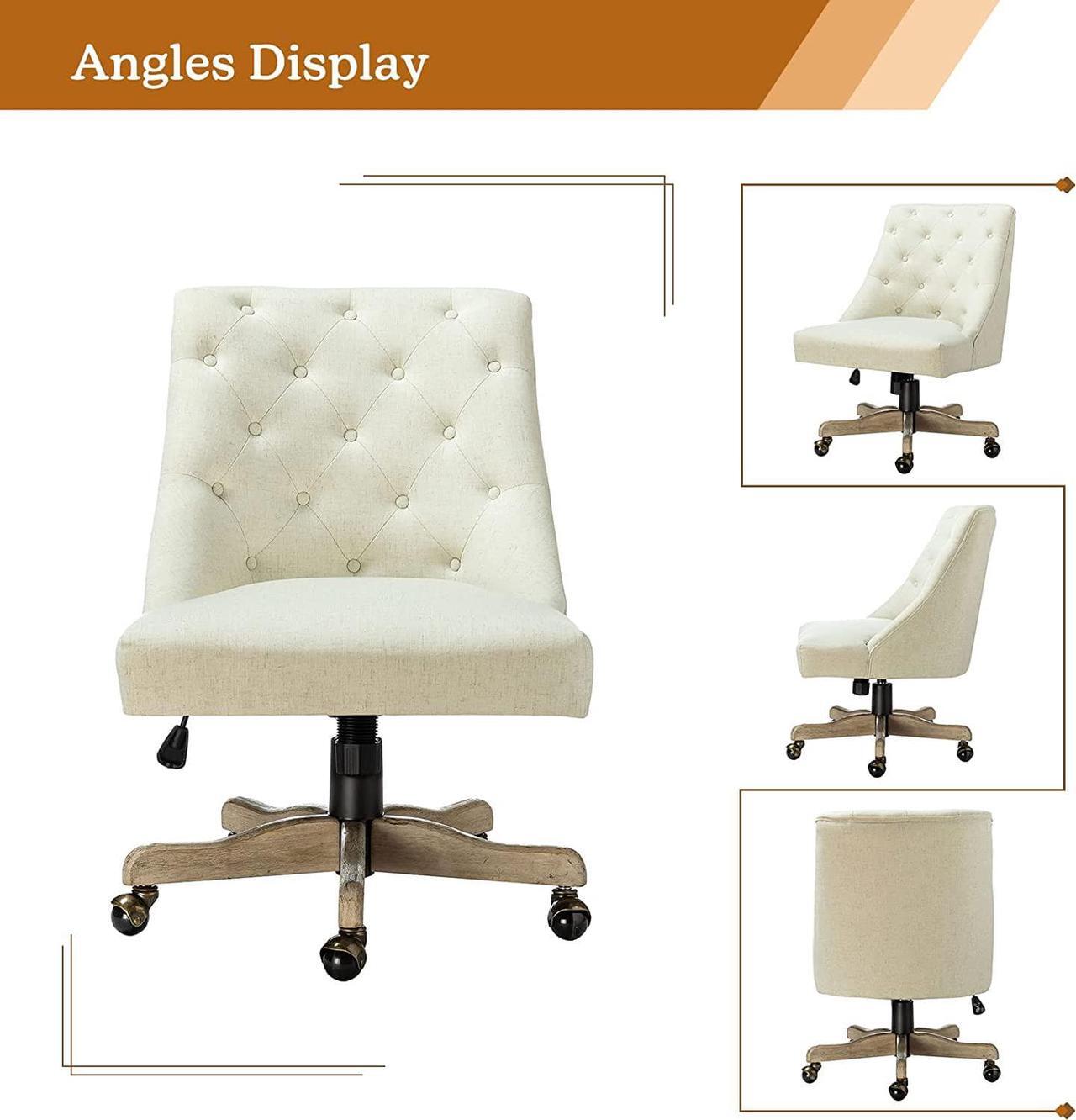 Alt view image 3 of 6 - Modern Tufted Armless Home Office Chair, Comfy Upholstered Desk Chair with Mid-Back, Height Adjustable Swivel Computer Task Chair (Vintage Wood Base, Ivory)