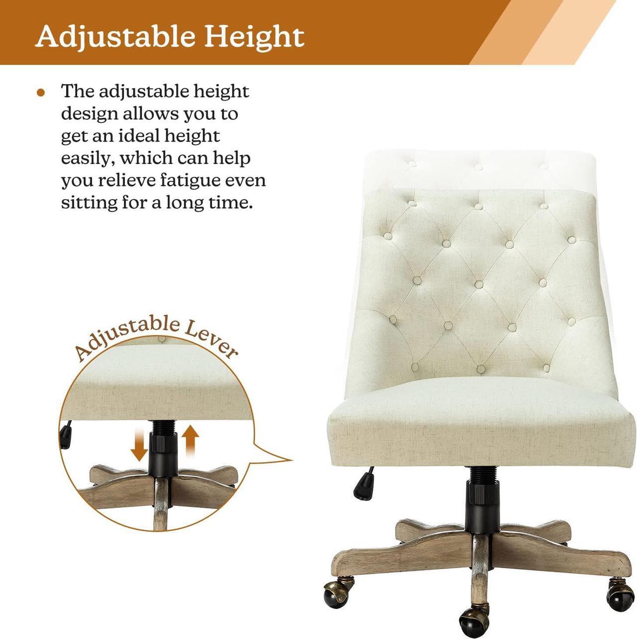 Alt view image 4 of 6 - Modern Tufted Armless Home Office Chair, Comfy Upholstered Desk Chair with Mid-Back, Height Adjustable Swivel Computer Task Chair (Vintage Wood Base, Ivory)