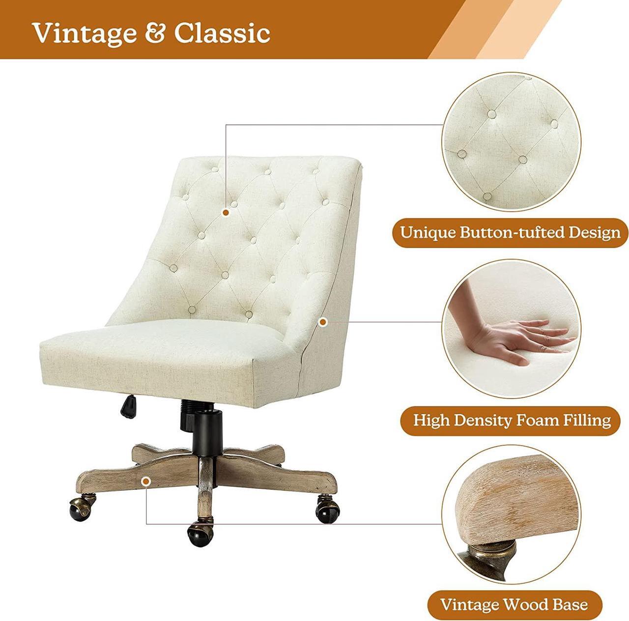 Alt view image 6 of 6 - Modern Tufted Armless Home Office Chair, Comfy Upholstered Desk Chair with Mid-Back, Height Adjustable Swivel Computer Task Chair (Vintage Wood Base, Ivory)
