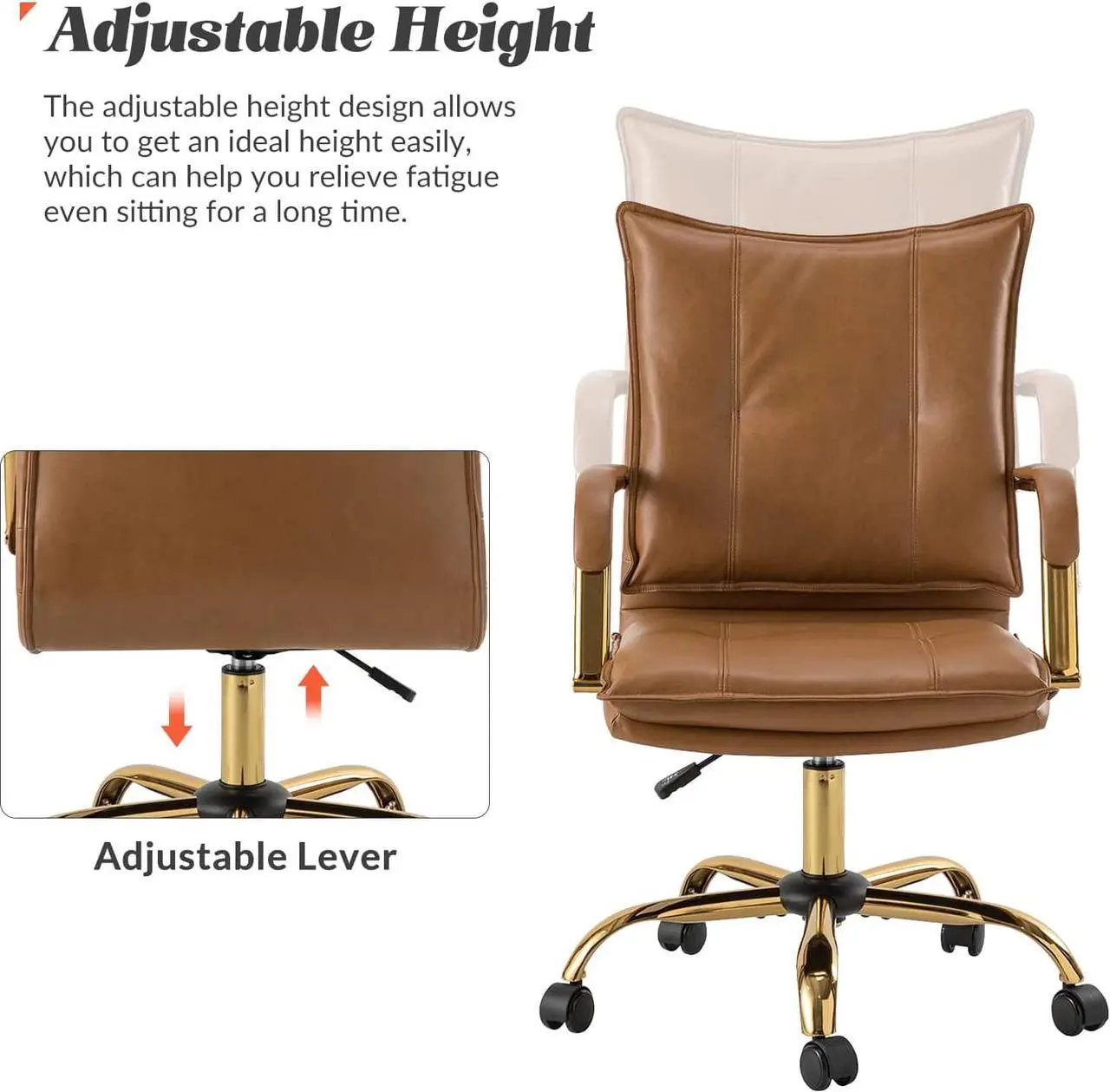 Alt view image 5 of 7 - HULALA HOME Faux Leather Home Office Desk Chair, Adjustable Swivel Computer Chair with Golden Legs and Arms, Comfy Upholstered Task Chair,Camel