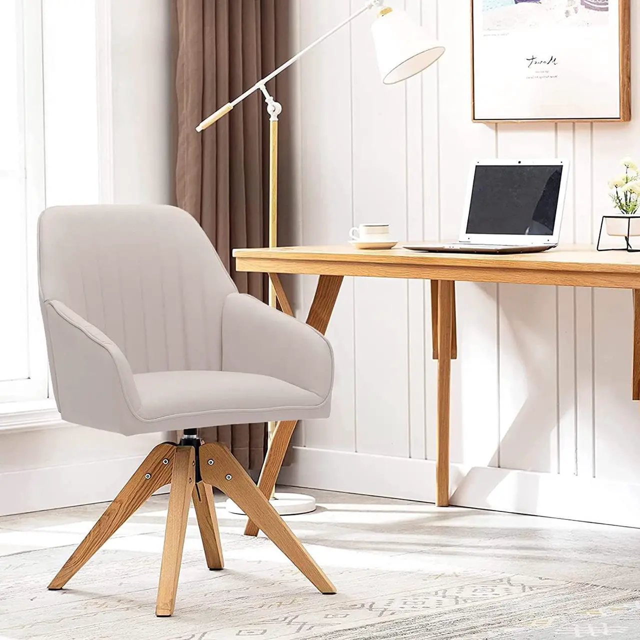 Alt view image 7 of 7 - Furniliving 36.8'' Mid Century Modern Swivel Accent Chair for Living Room, Wood Desk Chair with Arms Mid Back Arm Chairs Upholstered Home Office Chair No Wheels for Home Office/Bedroom, Beige