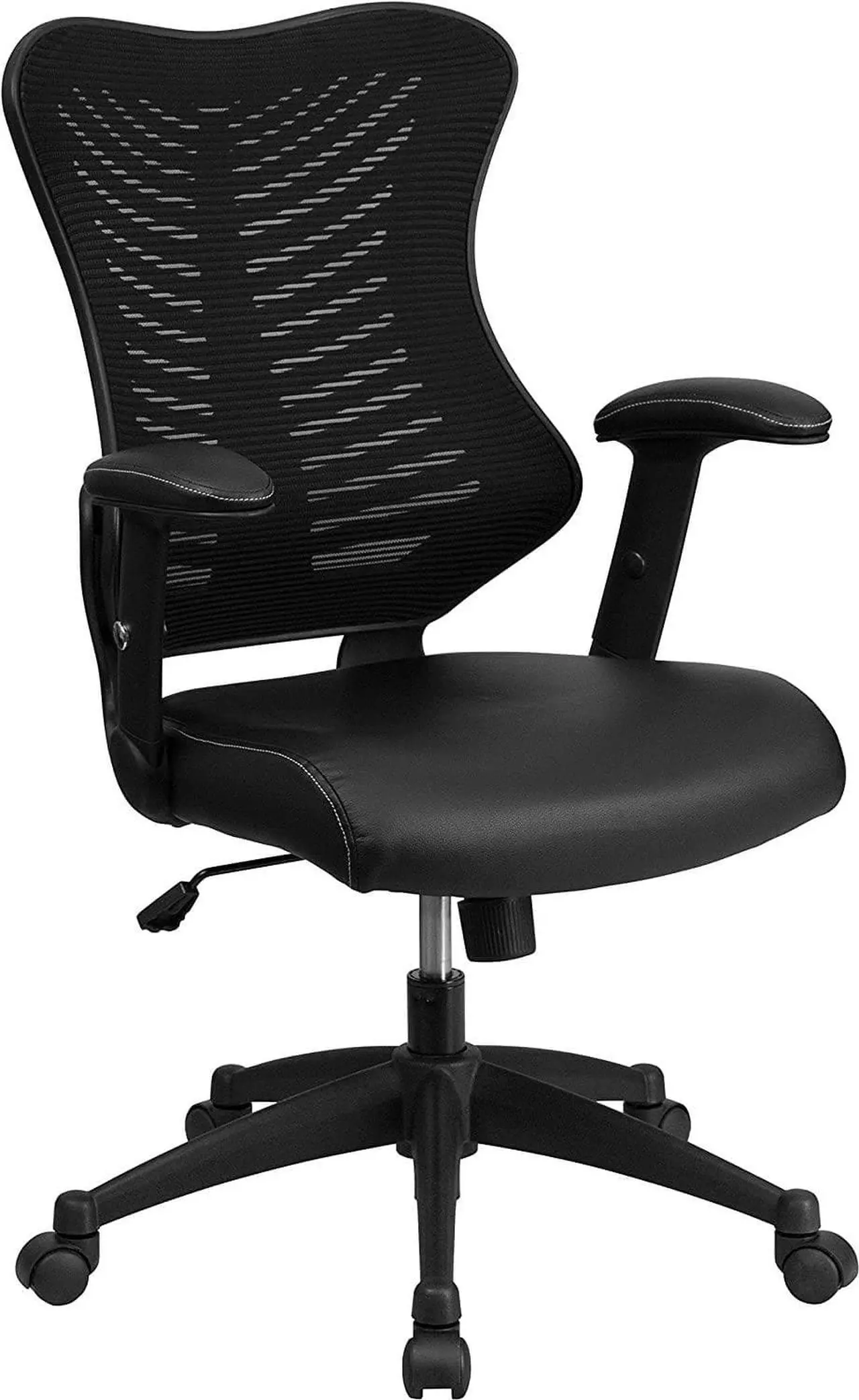 Main image of Flash Furniture Kale High Back Designer Black Mesh Executive Swivel Ergonomic Office Chair with LeatherSoft Seat and Adjustable Arms