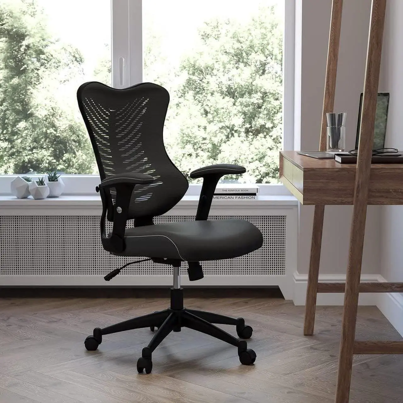 Alt view image 2 of 6 - Flash Furniture Kale High Back Designer Black Mesh Executive Swivel Ergonomic Office Chair with LeatherSoft Seat and Adjustable Arms