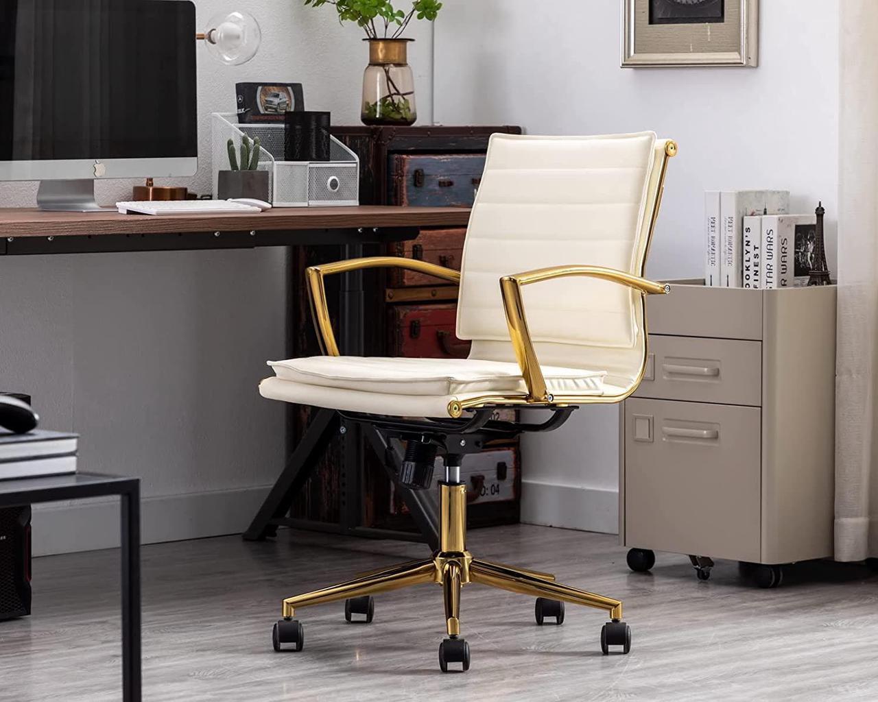 Alt view image 2 of 7 - CIMOTA Leather Office Chair Comfortable Mid-Back Gold Office Desk Chair with Wheels and Arms Gold Frame Modern Ergonomic Conference Task Chair Swivel Chair for Teens Adults, PU Beige