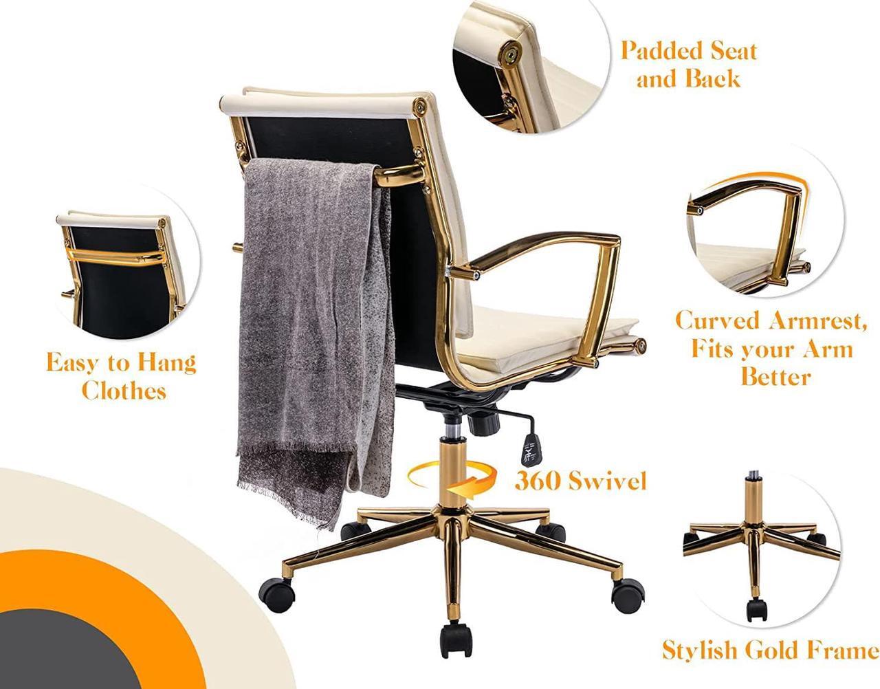 Alt view image 4 of 7 - CIMOTA Leather Office Chair Comfortable Mid-Back Gold Office Desk Chair with Wheels and Arms Gold Frame Modern Ergonomic Conference Task Chair Swivel Chair for Teens Adults, PU Beige