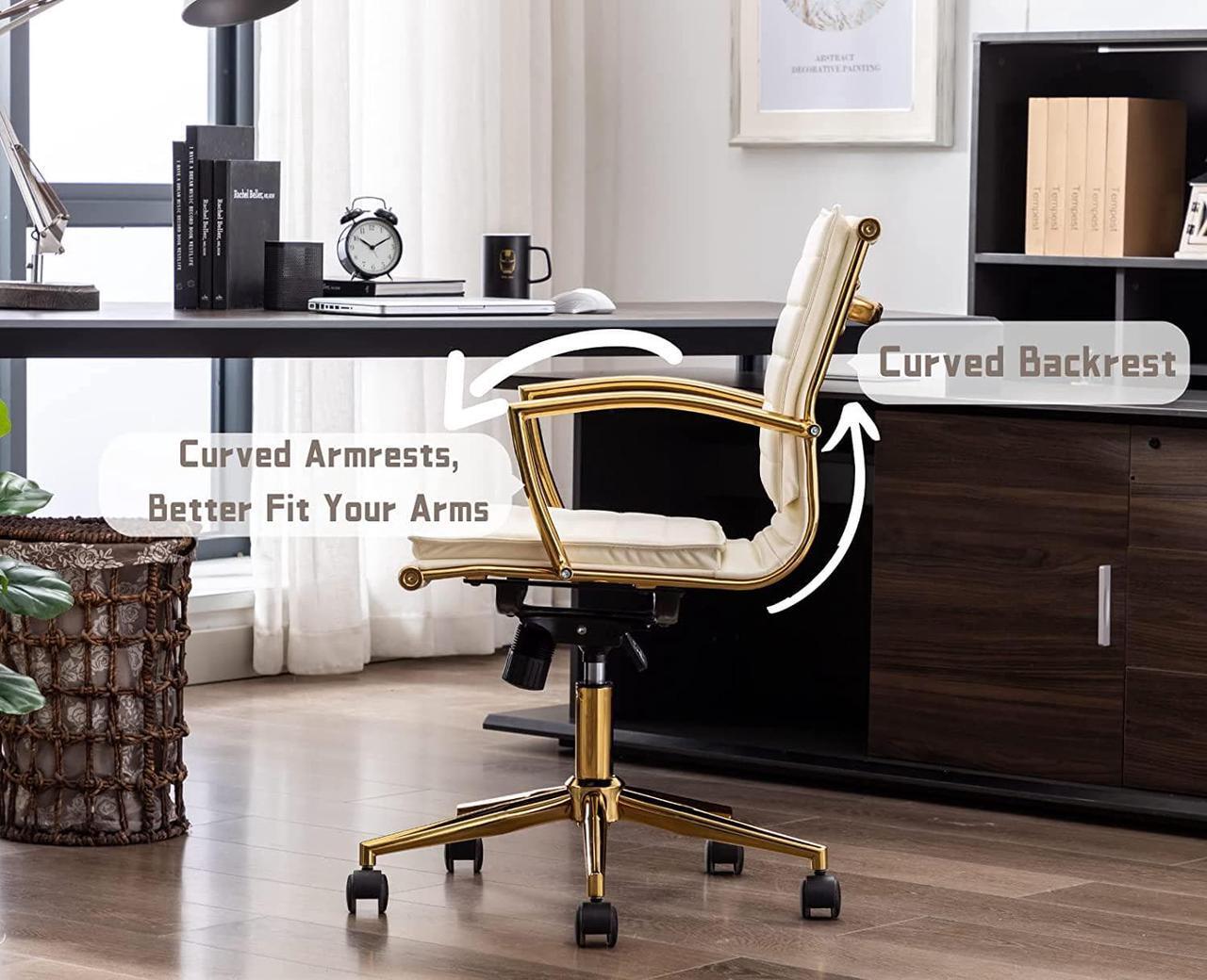 Alt view image 5 of 7 - CIMOTA Leather Office Chair Comfortable Mid-Back Gold Office Desk Chair with Wheels and Arms Gold Frame Modern Ergonomic Conference Task Chair Swivel Chair for Teens Adults, PU Beige