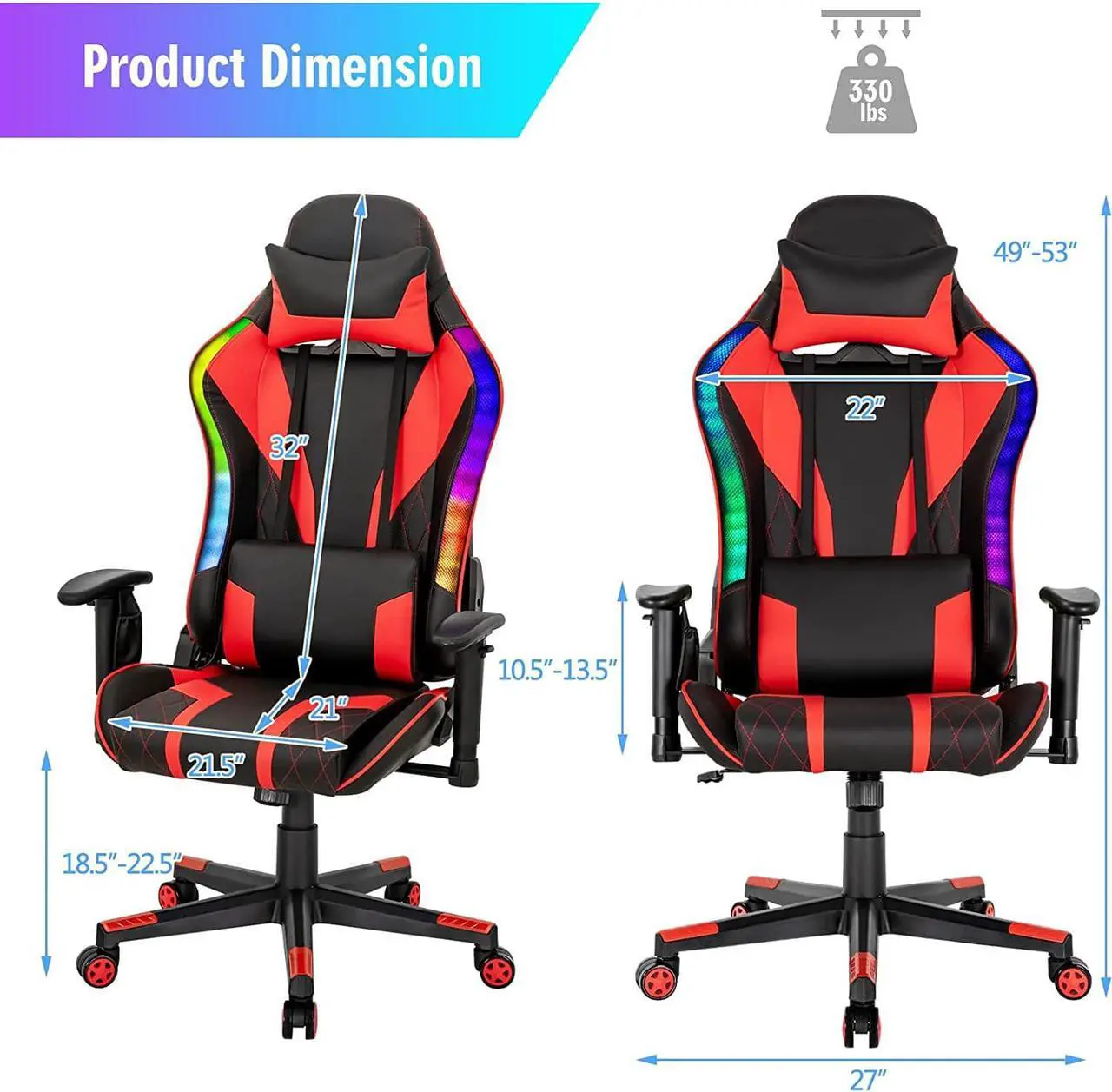 Alt view image 7 of 7 - Giantex Gaming Chair with RGB LED Lights, Ergonomic Video Game Chair, High Back PVC Leather E-Sport Computer Chair Adjustable w/Headrest & Lumbar Support (Red)
