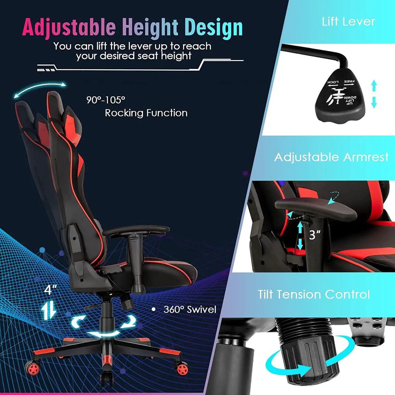 Alt view image 6 of 7 - Giantex Gaming Chair with RGB LED Lights, Ergonomic Video Game Chair, High Back PVC Leather E-Sport Computer Chair Adjustable w/Headrest & Lumbar Support (Red)