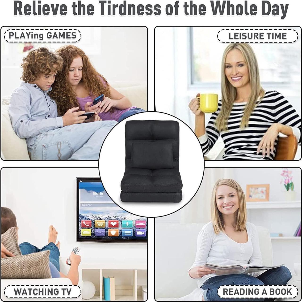Alt view image 7 of 7 - Floor Chair with Back Support for Adults Adjustable 14 Positions Video Game Chairs Foldable Floor Lounger with Pillow 8823(Black)