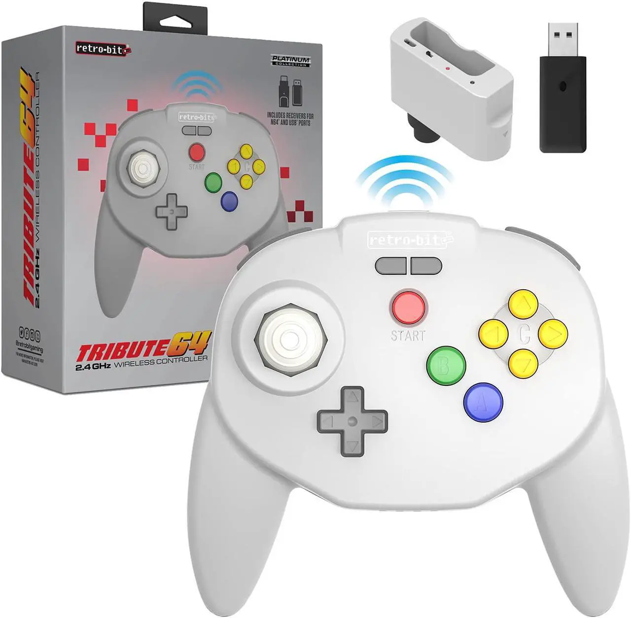 Main image of Retro-Bit Tribute 64 2.4 GHz Wireless Controller V2 for Nintendo 64 (N64), Switch, PC, MacOS, RetroPie, Raspberry Pi and Other USB Devices (Classic Gray)